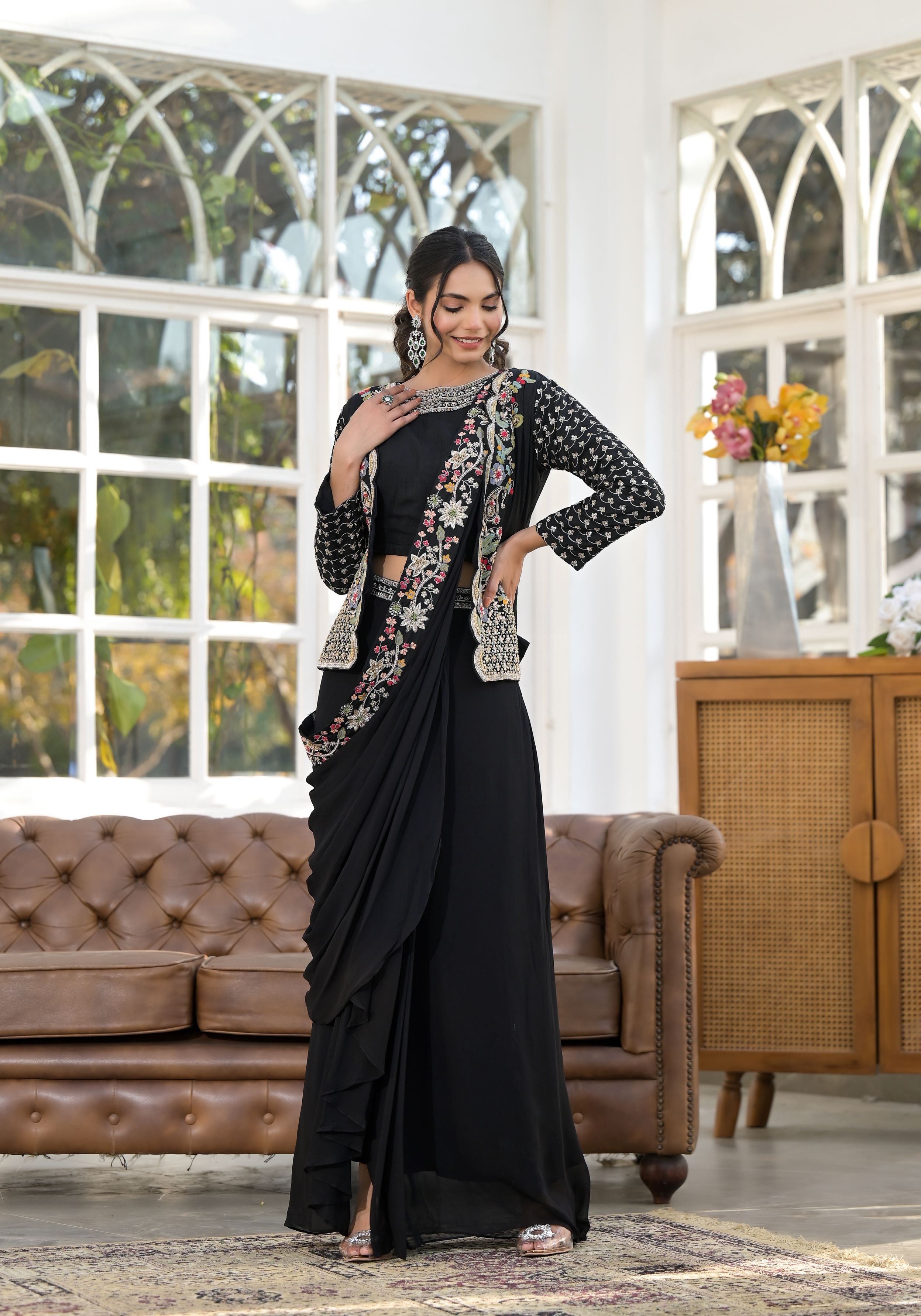 Black Embroidered Premium Georgette Silk Jacket Draped Saree