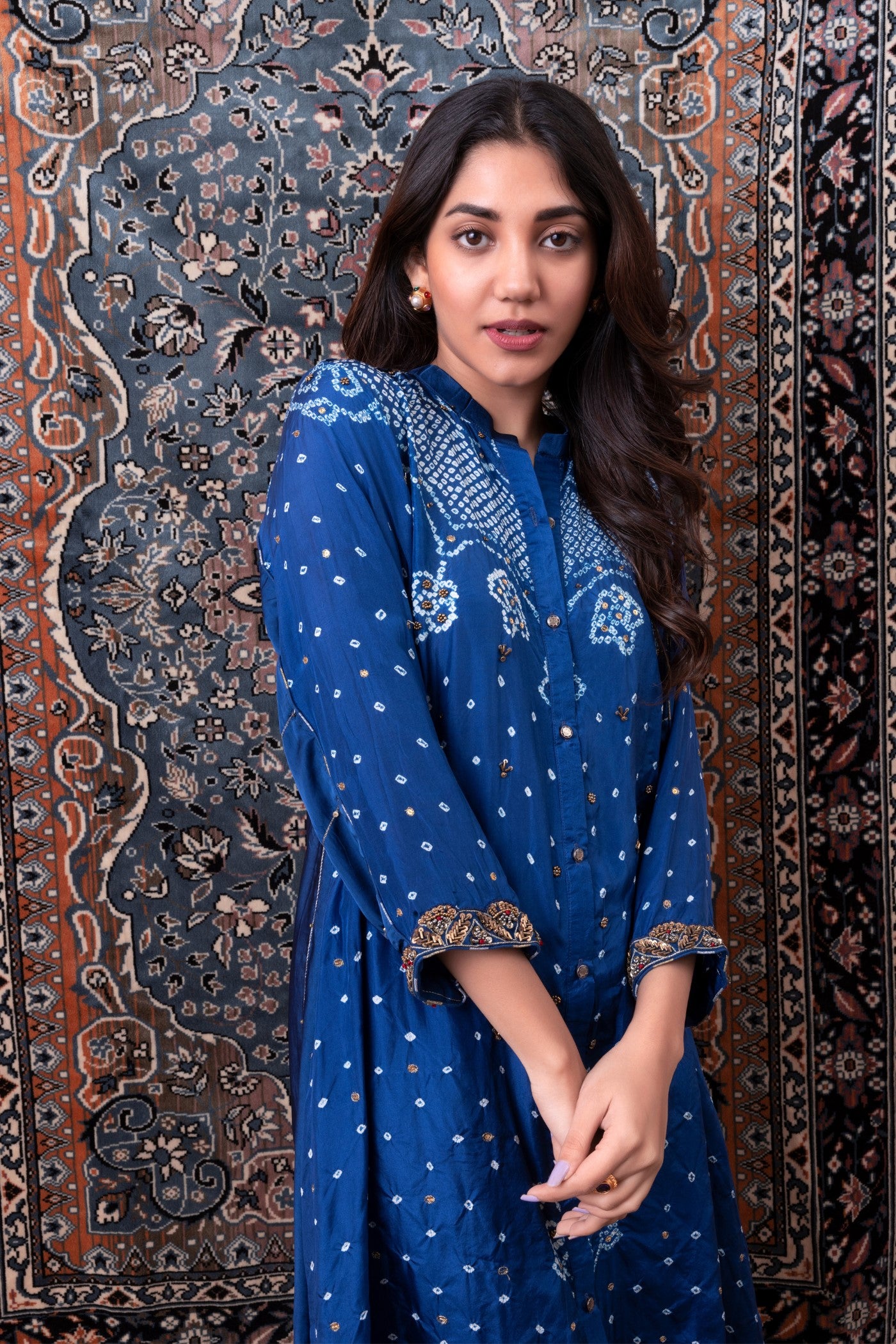 Navy Blue Bandhej Printed Embellished Kurta Set