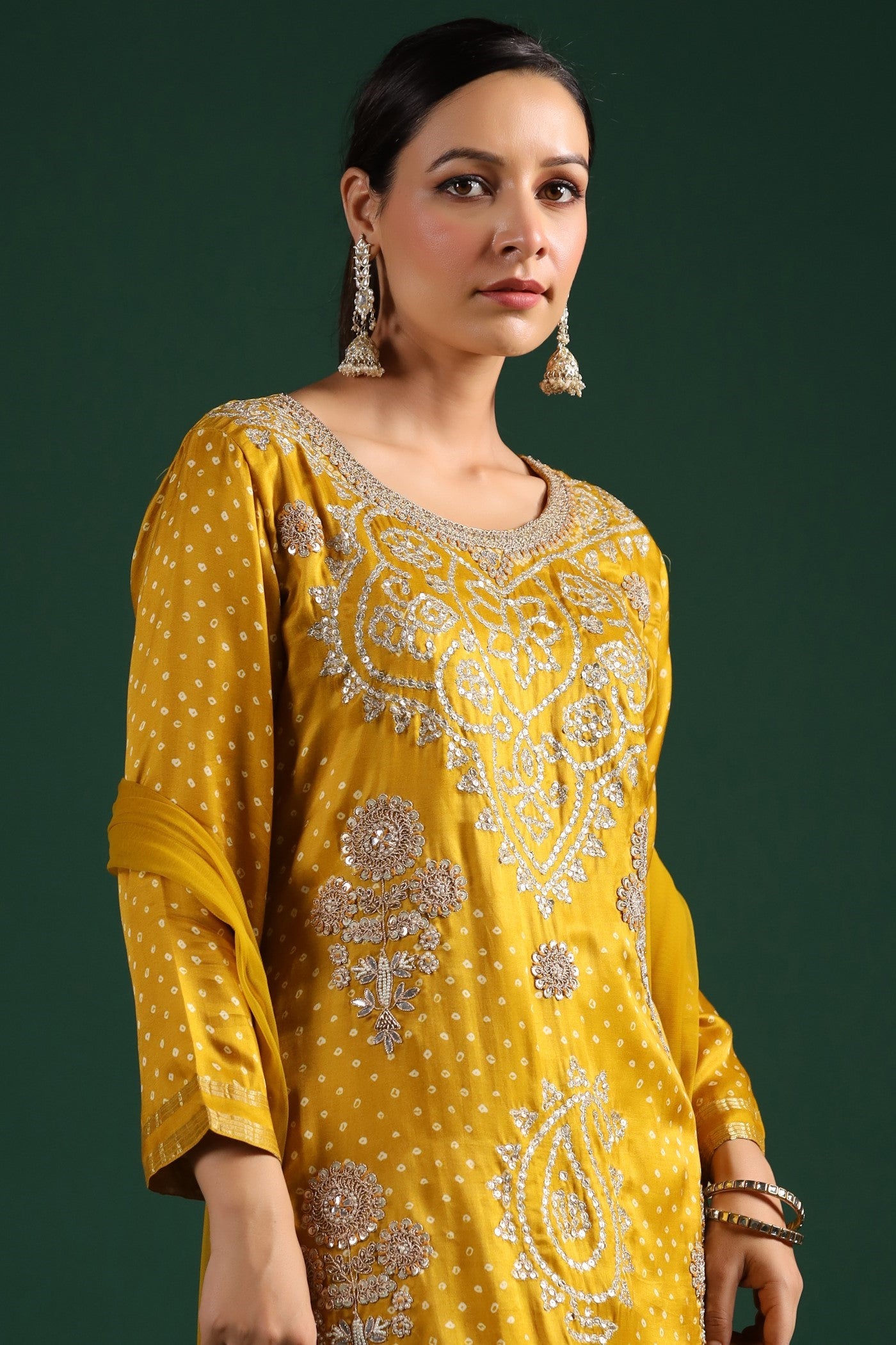 Mustard Bandhej Gajji Silk Kurta Set