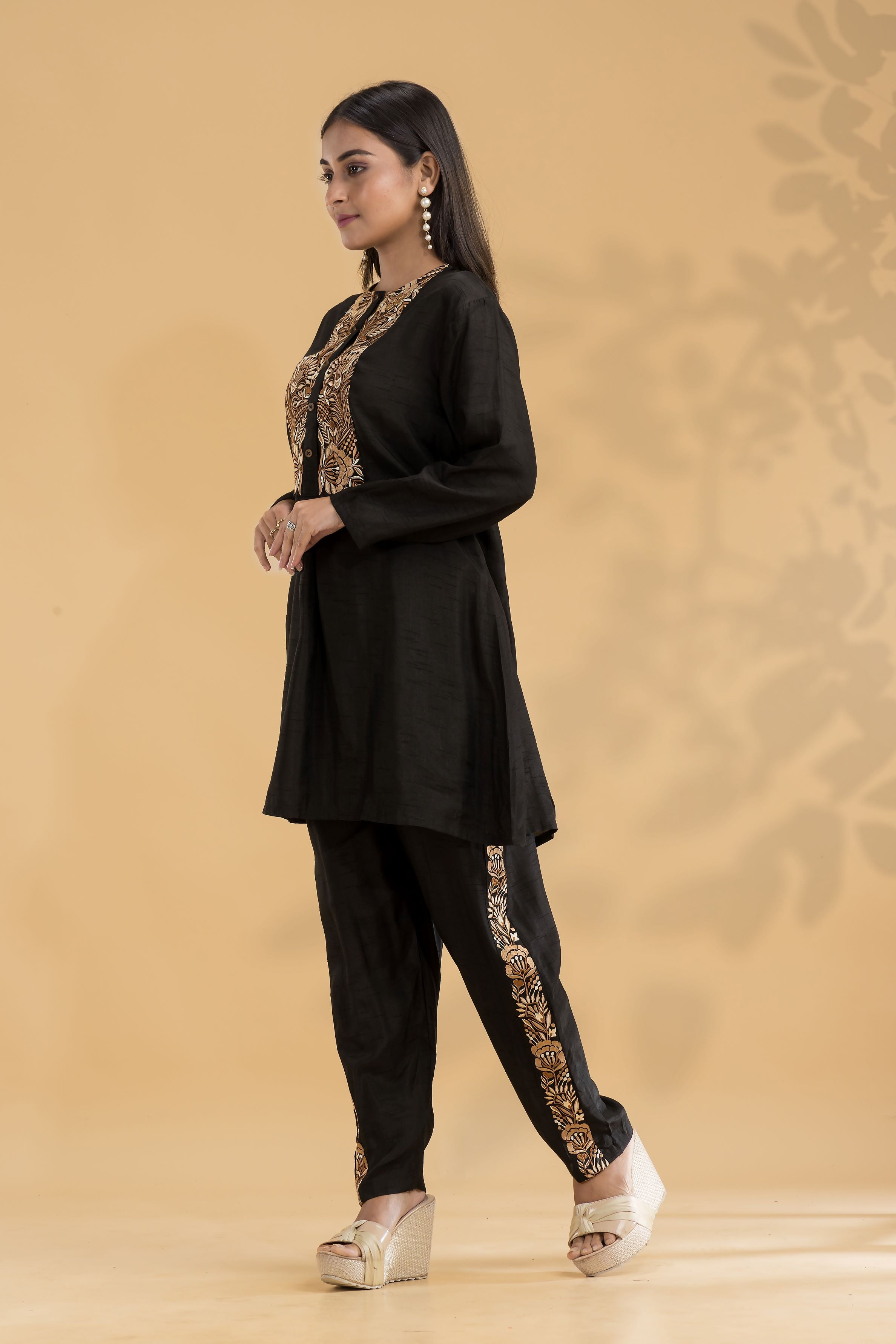 Black Embroidered Raw Silk Co-Ord Set