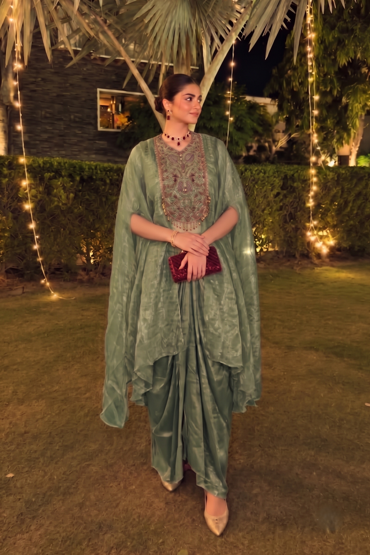 Sage Gold Embellished Shimmer Tissue Silk Skirt Set