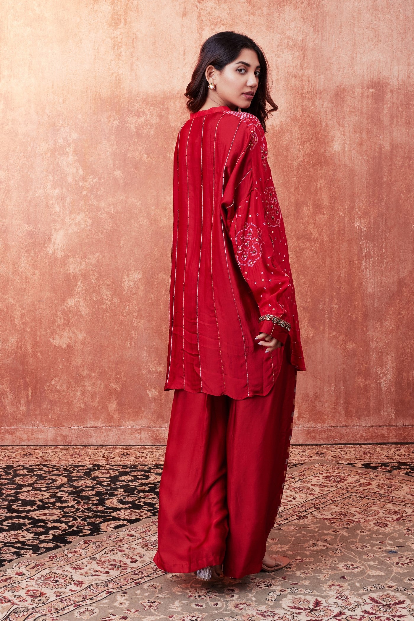 Rose Red Bandhej Printed Embellished Palazzo Set