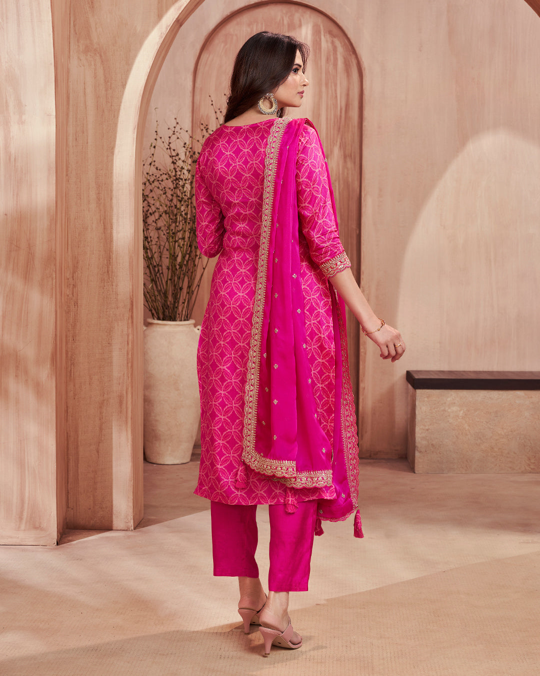 Fuchsia Regal Embellished Dola Silk Pant Set