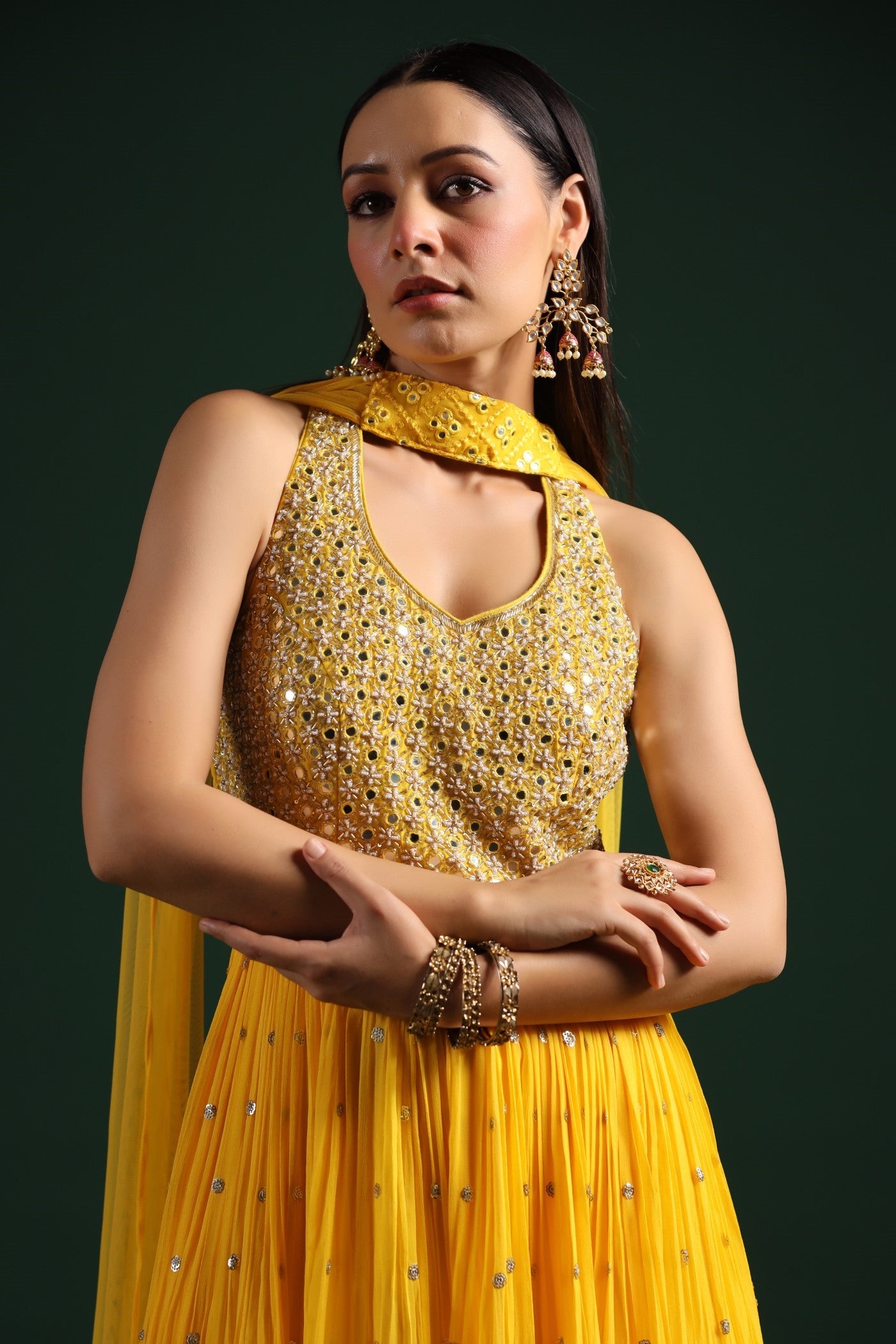 Festive Yellow Mirror Embroidered Peplum Set