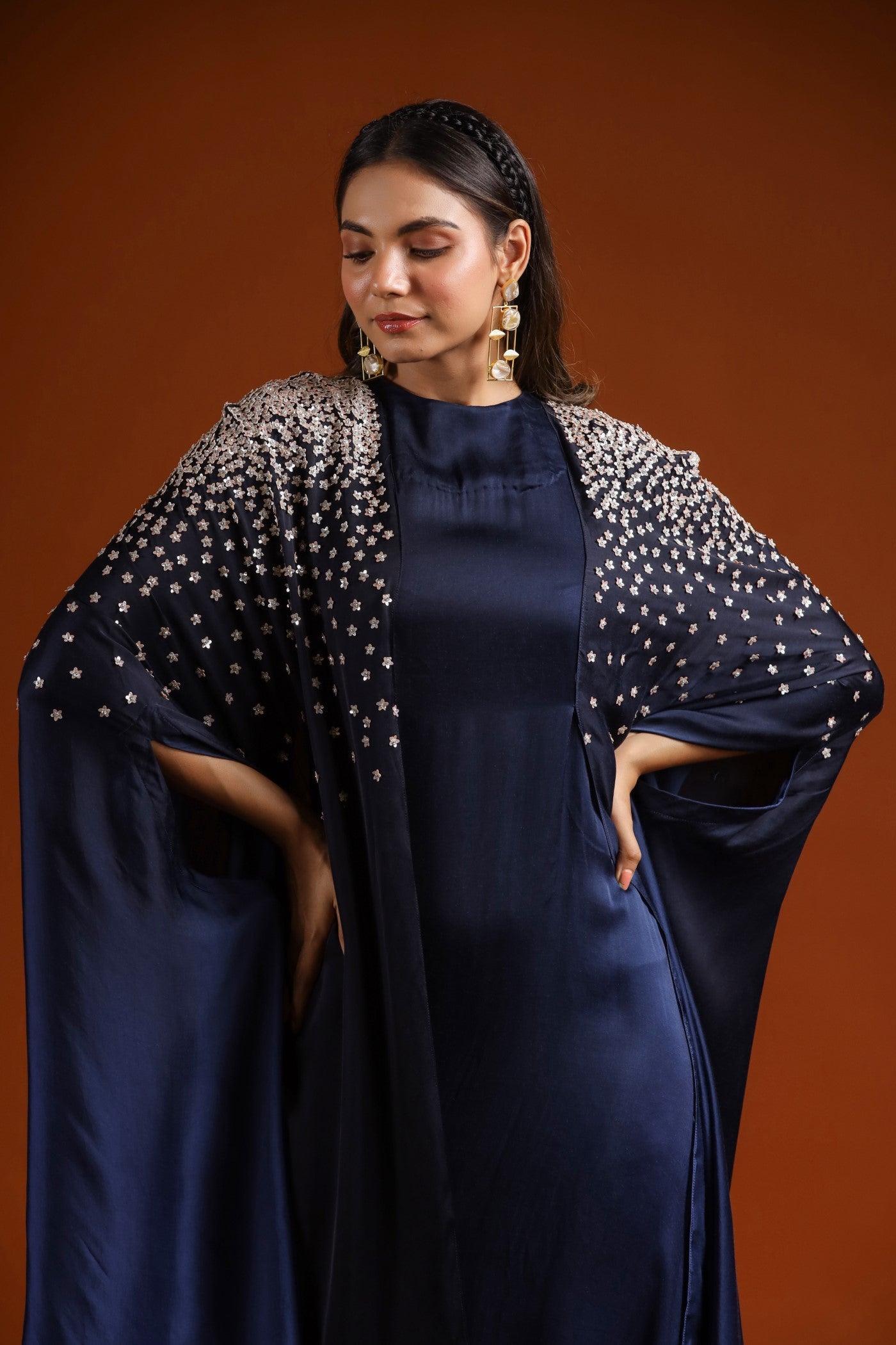 Navy Blue Embellished Draped Gown