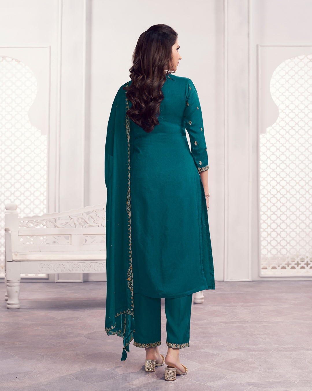 Peacock Charm Embellished Dola Silk Pant Set