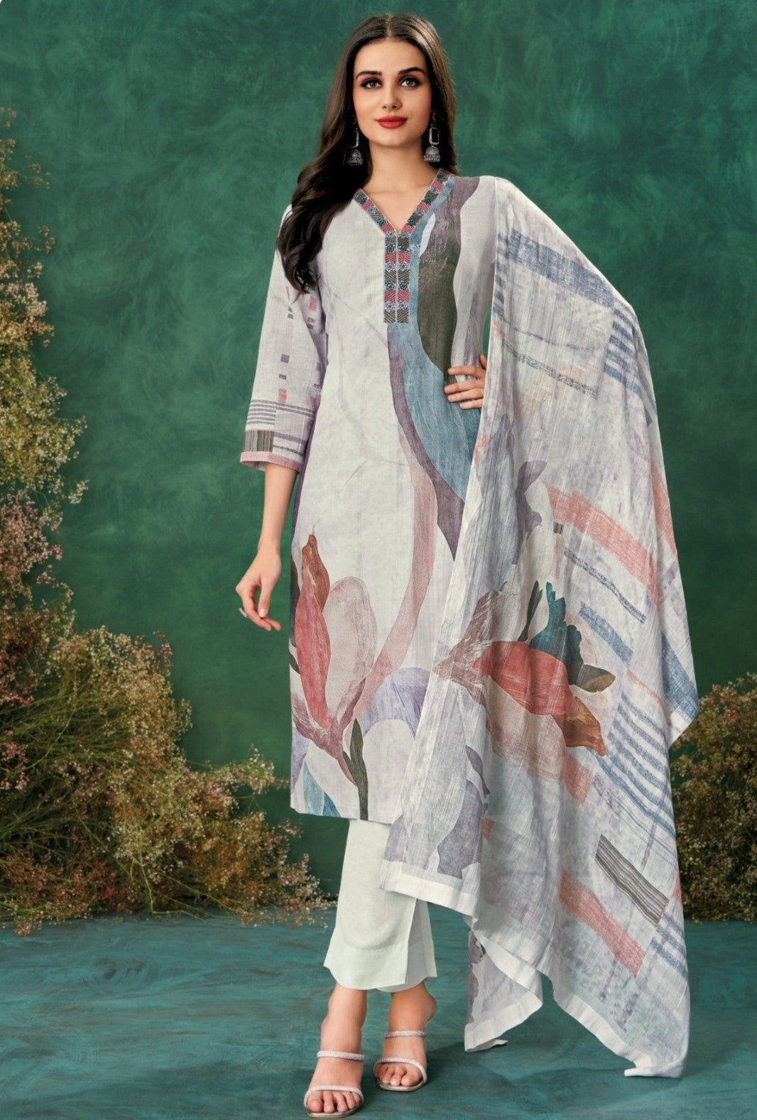 Rhino Grey Graphic Printed Linen Silk Pant Set