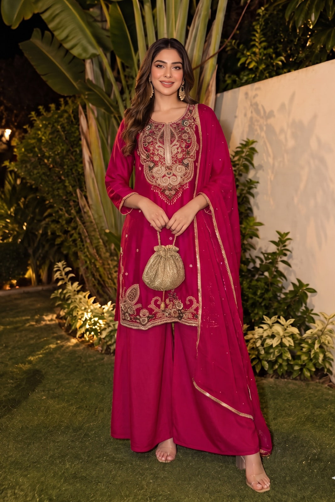 Bright Pink Embellished Chinon Silk Palazzo Set