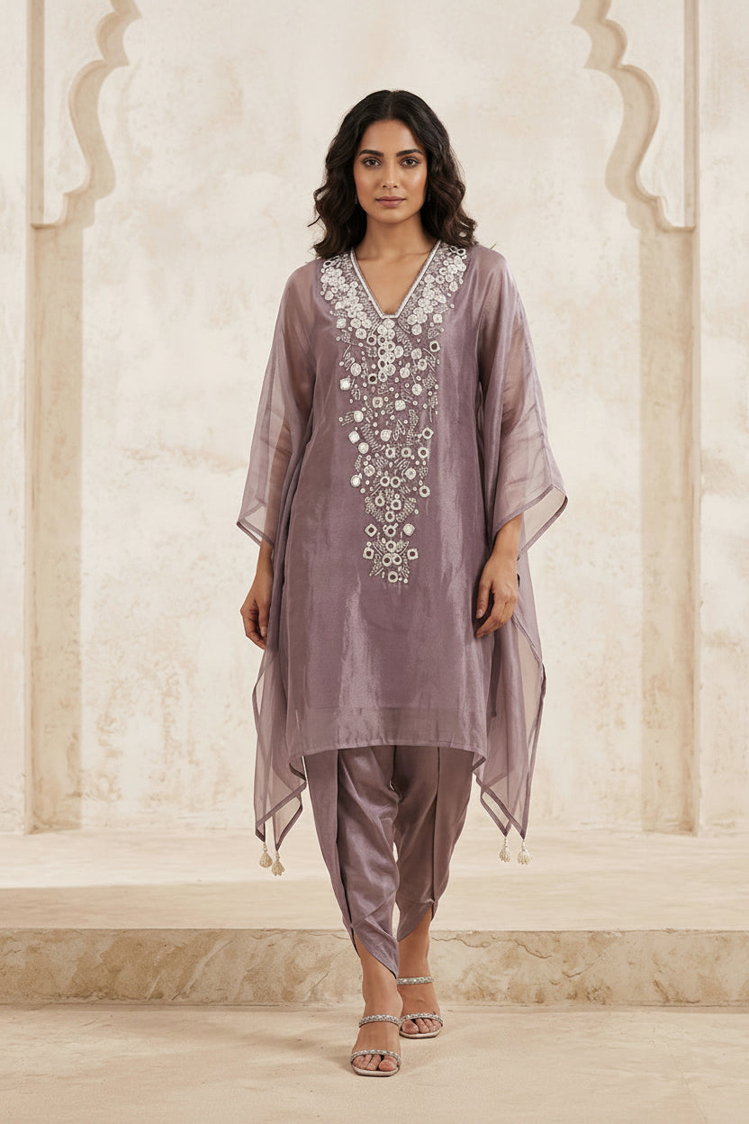 Dusty Lavender Embellished Chiffon Silk Kaftan Dhoti Set