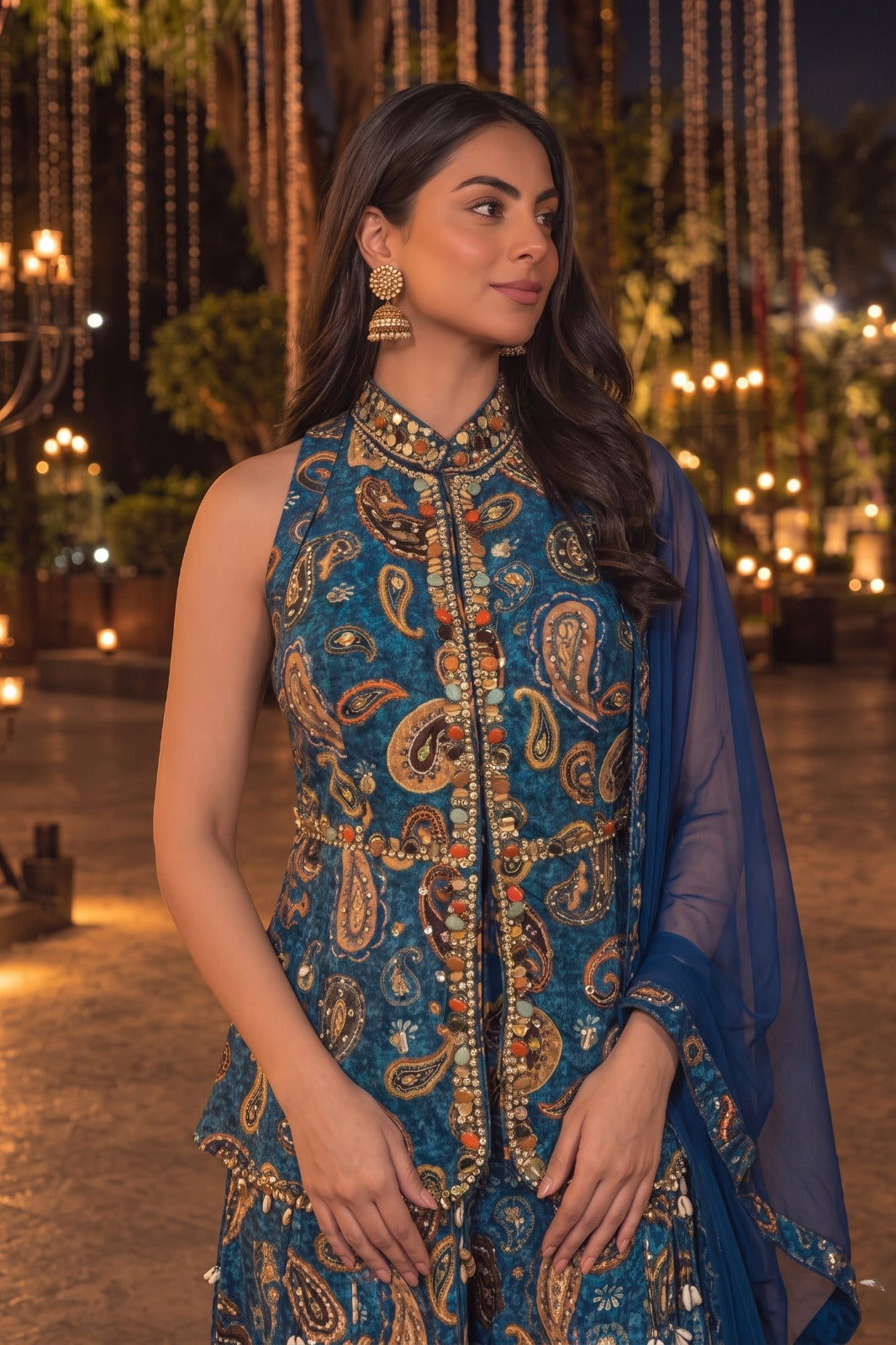 Ocean Blue Embellished Crepe Silk Palazzo Set