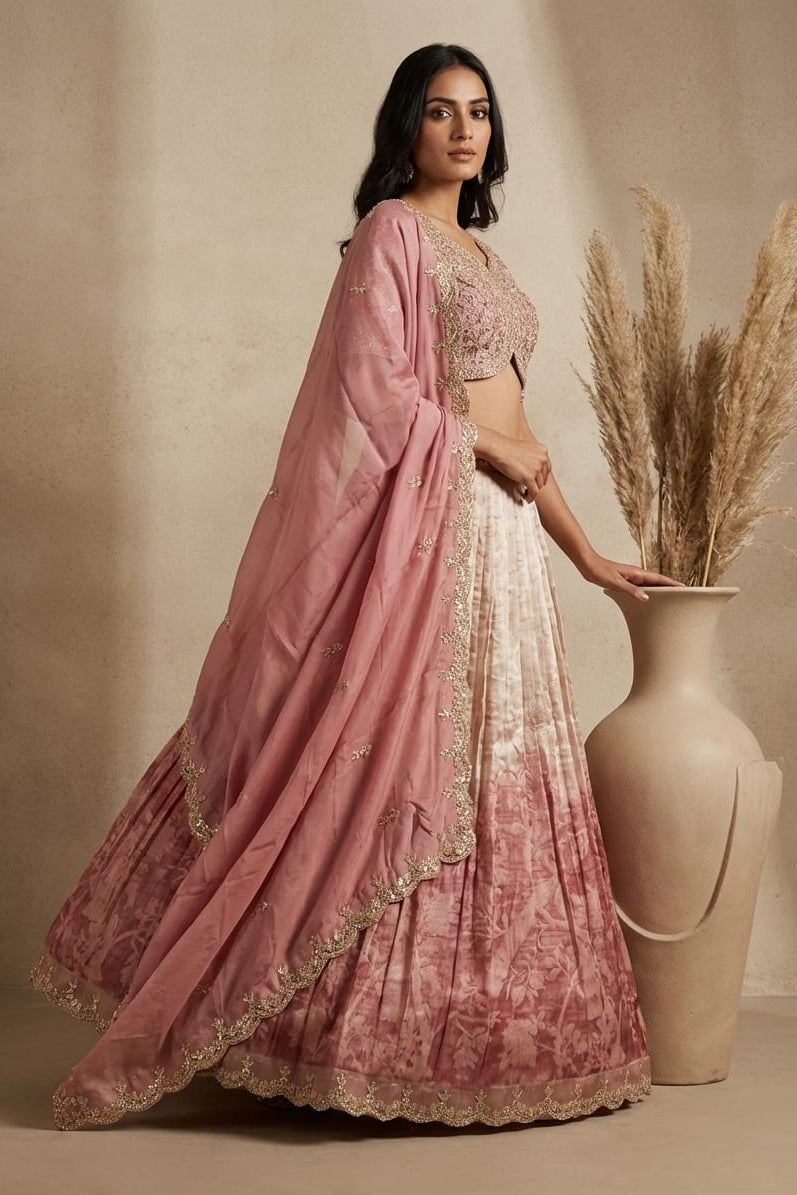 Rosewood Ombre Embellished Satin Silk Lehenga Set