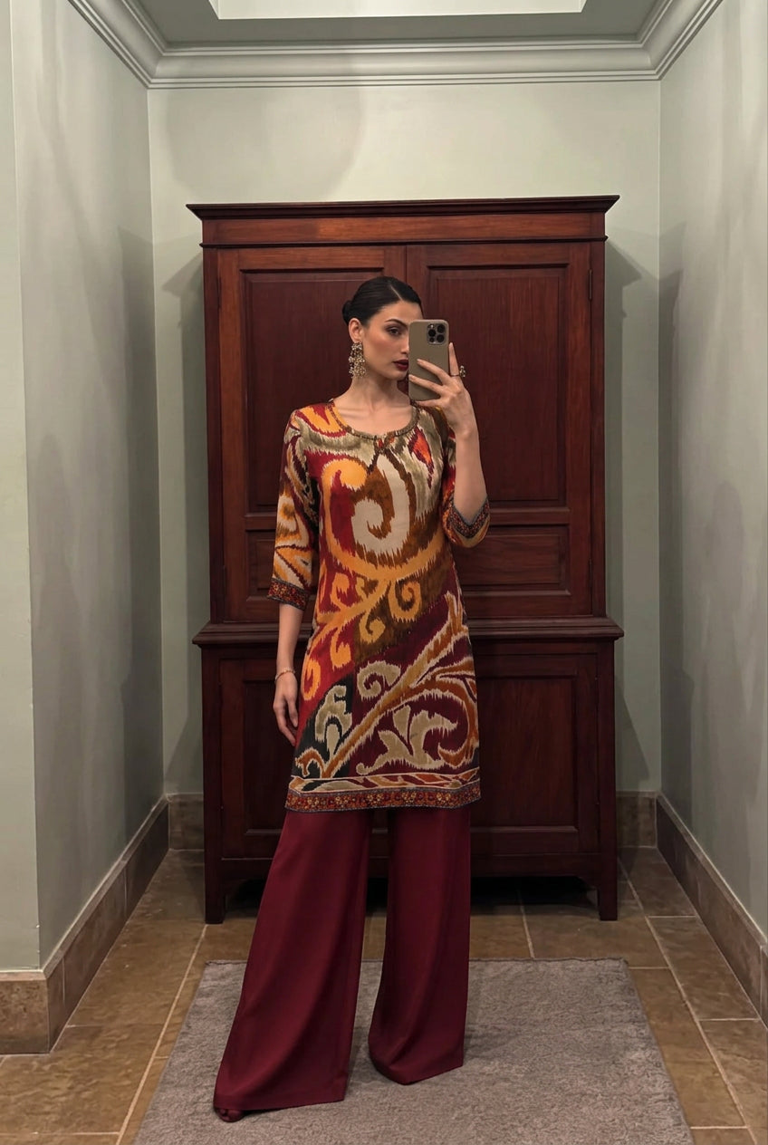 Multicolor Ikat Printed Crepe Silk Kurta Set