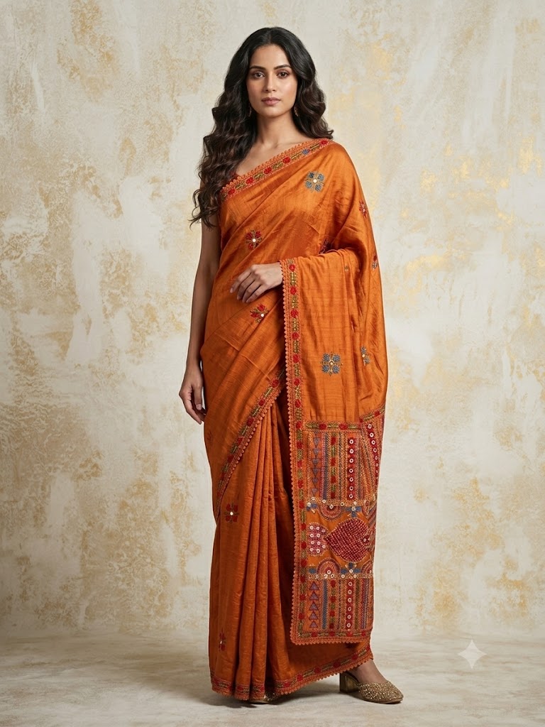 Cinnamon Orange Kantha Pure Tussar Silk Saree