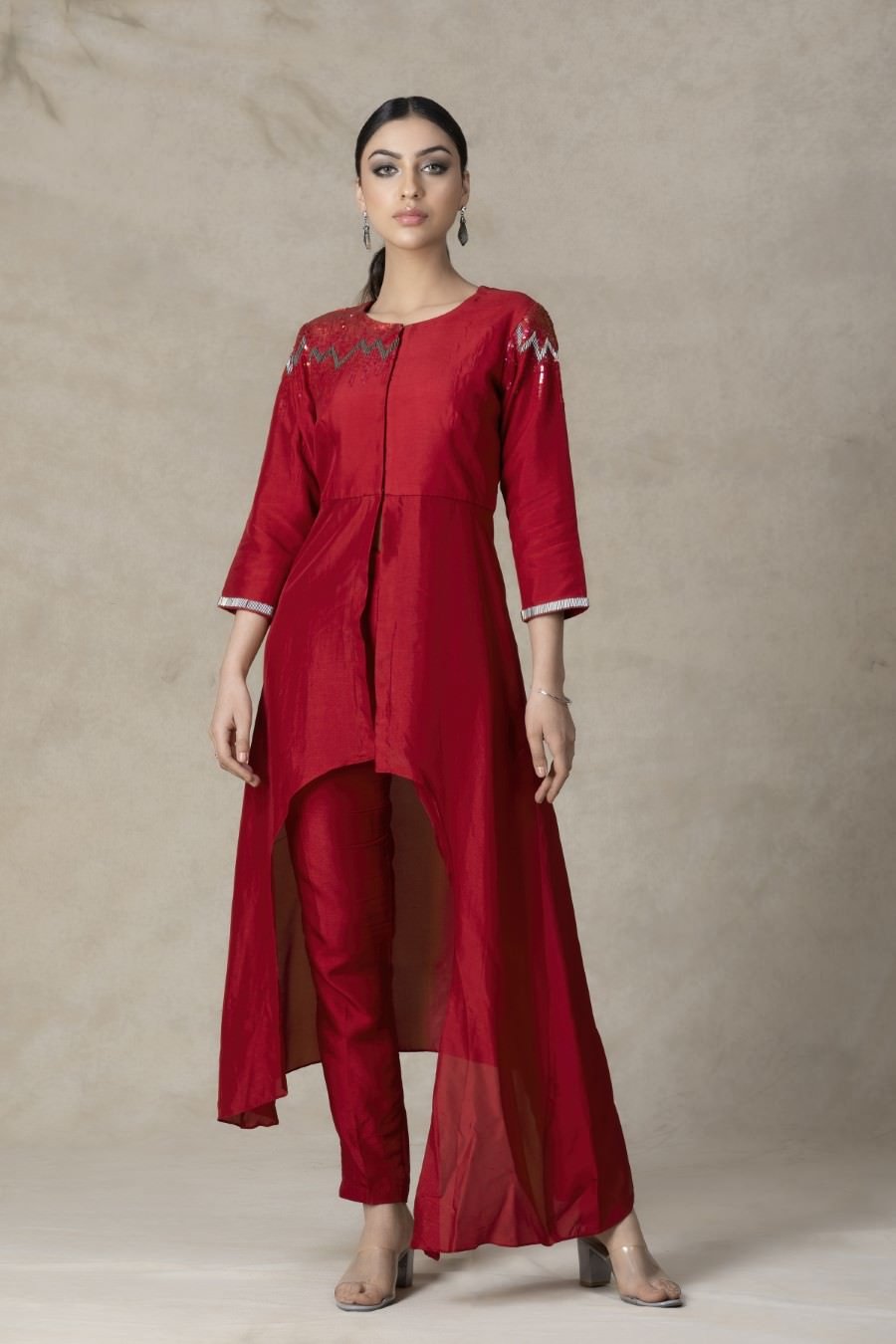 Asymmetrical Carmine Red German Silk Kurta Pant Set
