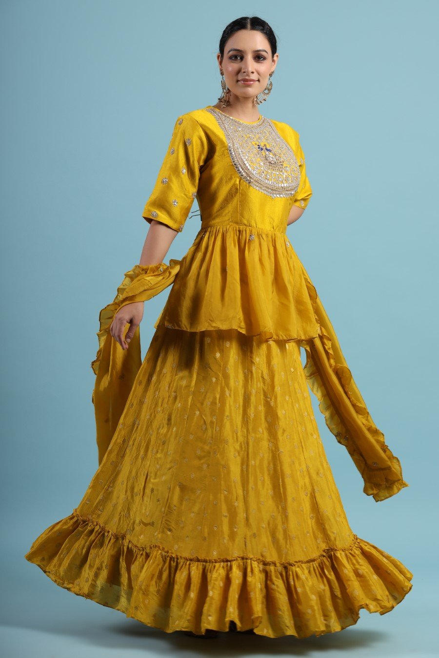 Persian Yellow Pure silk Peplum with Brocade Skirt &amp; Dupatta