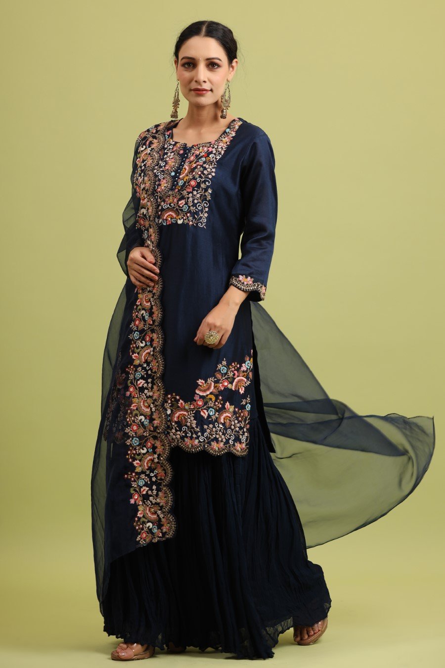 Navy Blue Modal Chanderi Embroidered Sharara Set