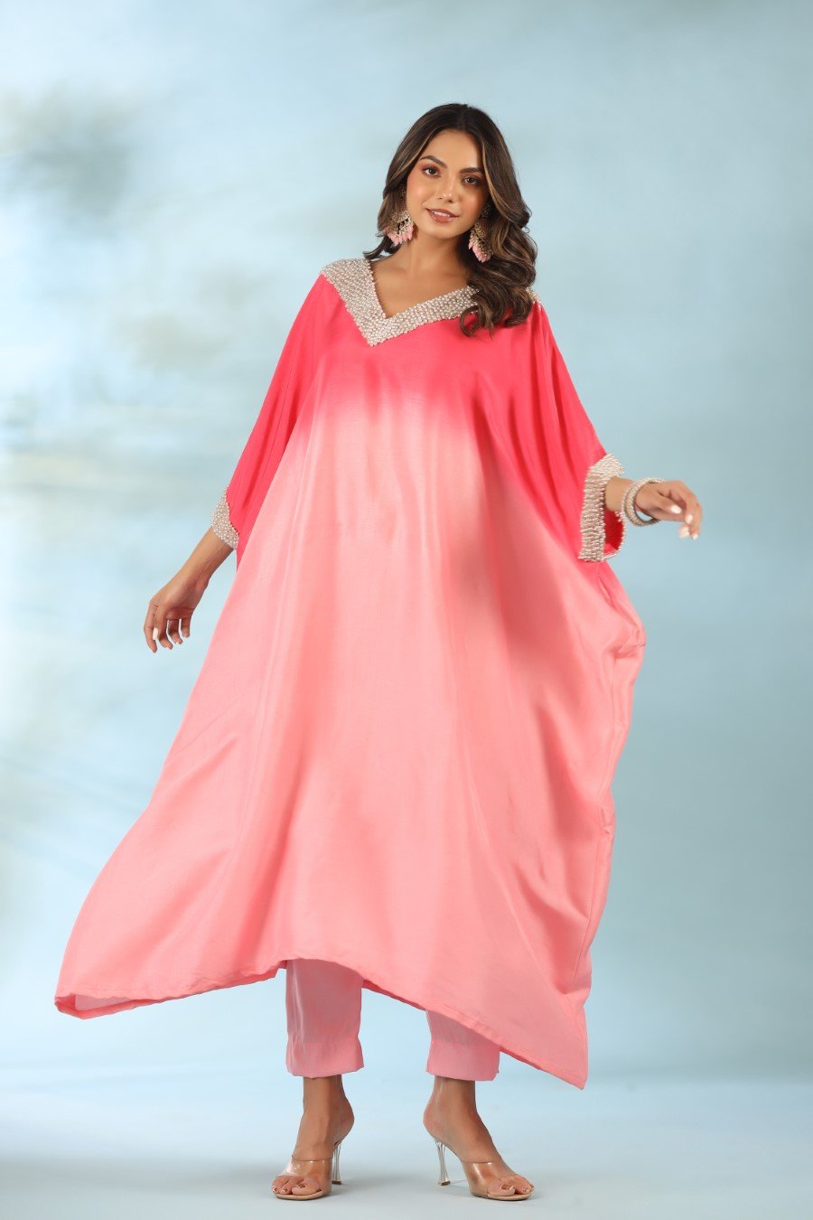 Pink Ombre Pearl Embroidered Kaftan With Pants