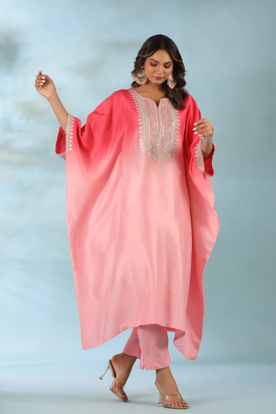 Pink Ombre Embroidered Kaftan With Pants