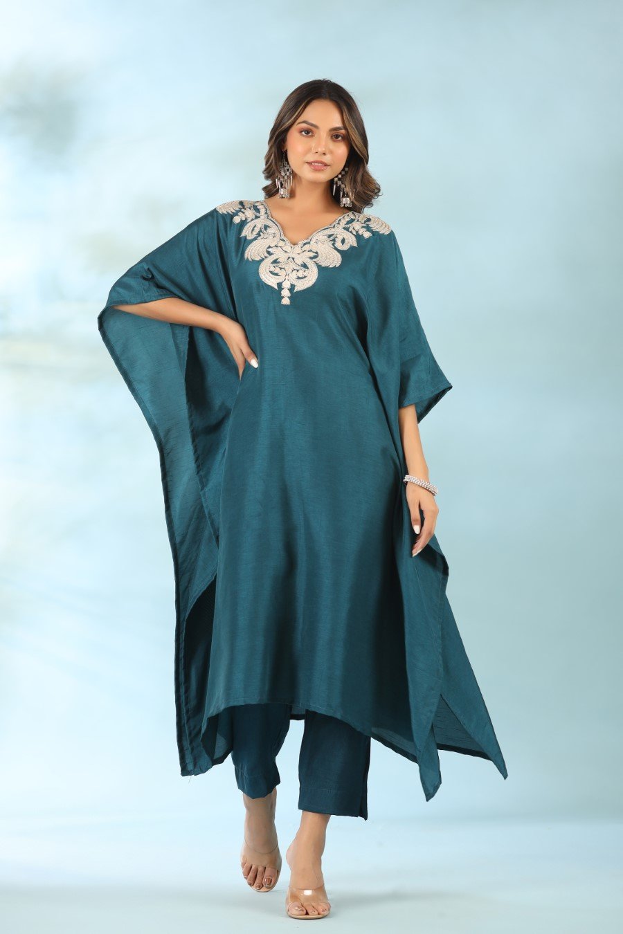 Teal Blue Embroidered Kaftan With Pants