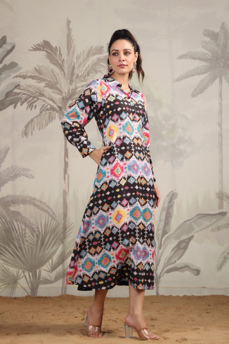 Coloufull Ikat Printed Malai Cotton A-Line Dress