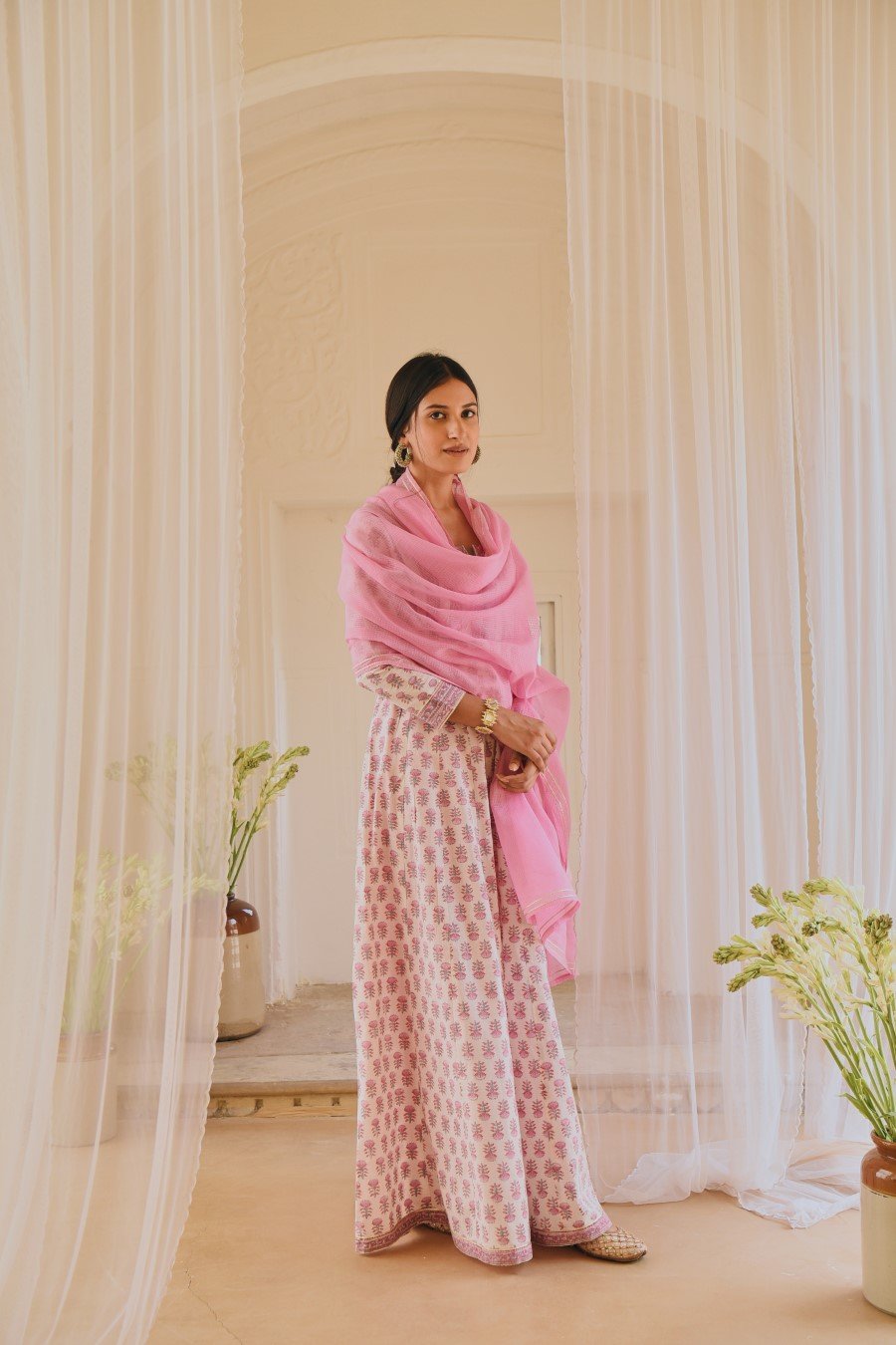 Powder Pink Block Printed Anarkali Kurta Set