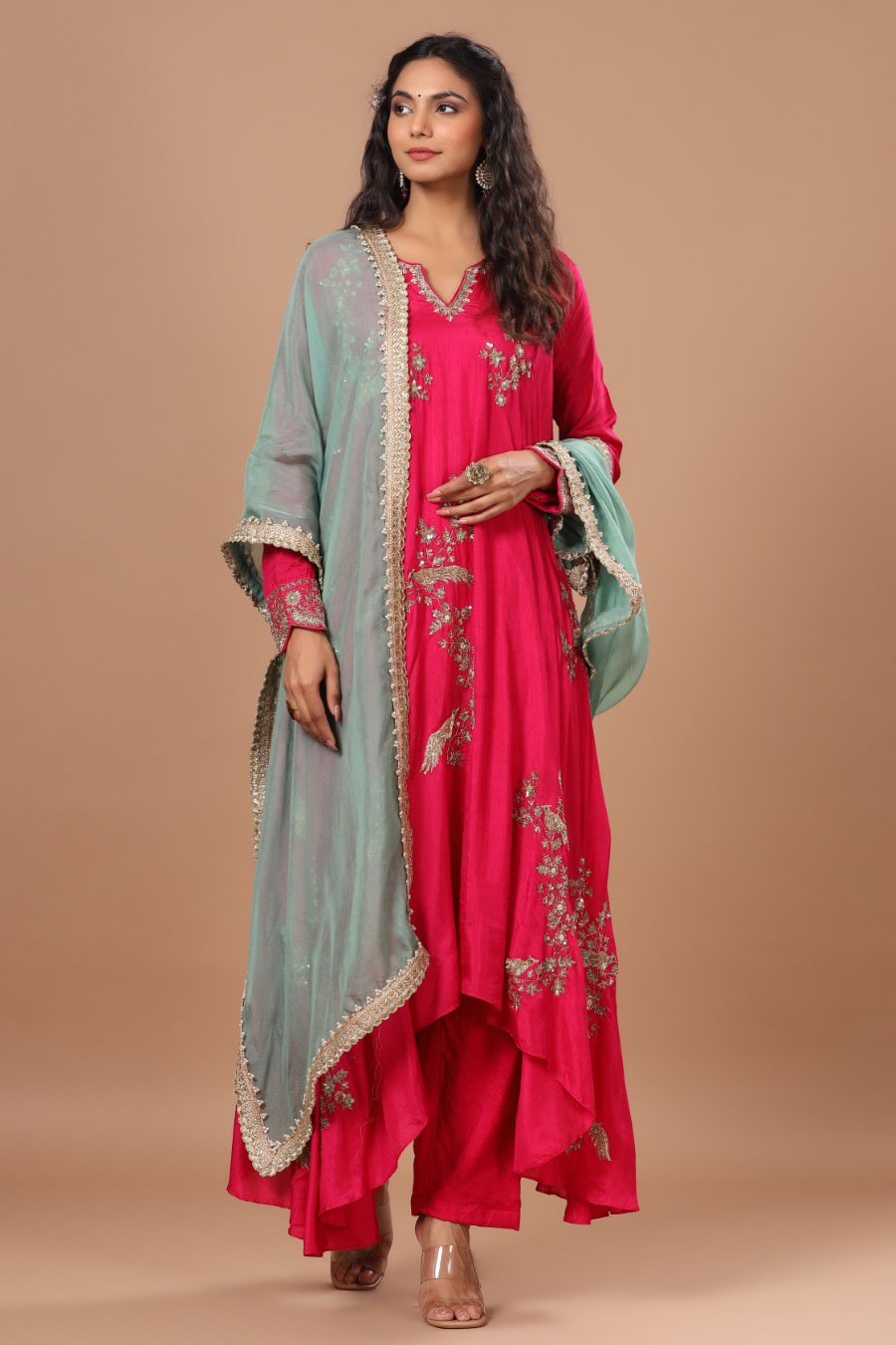 Festive Rani Pink Russian Silk Embellished Kurta Pant Set With Dupatta