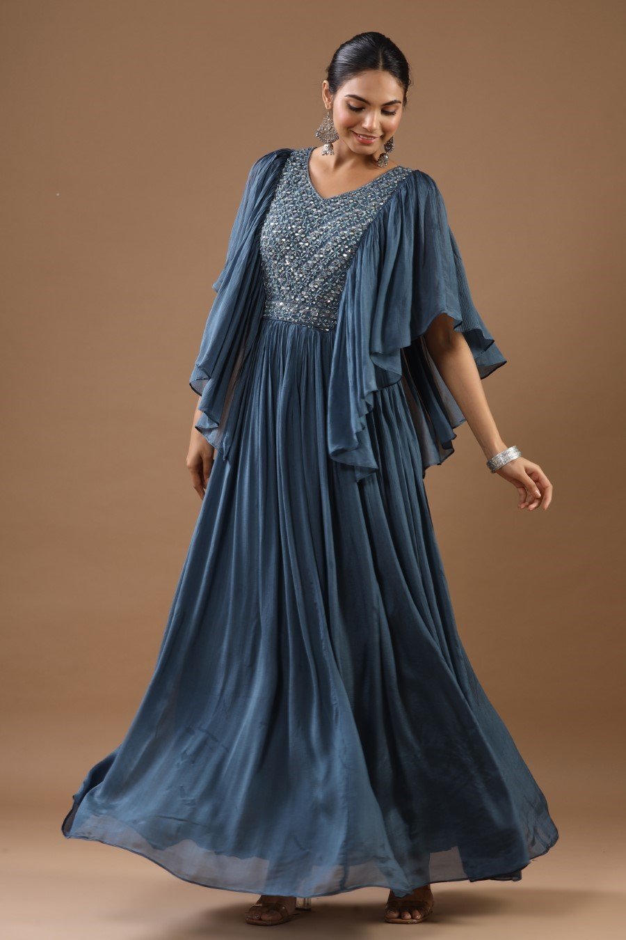 Steel Blue Chinon Silk Embellished Gown