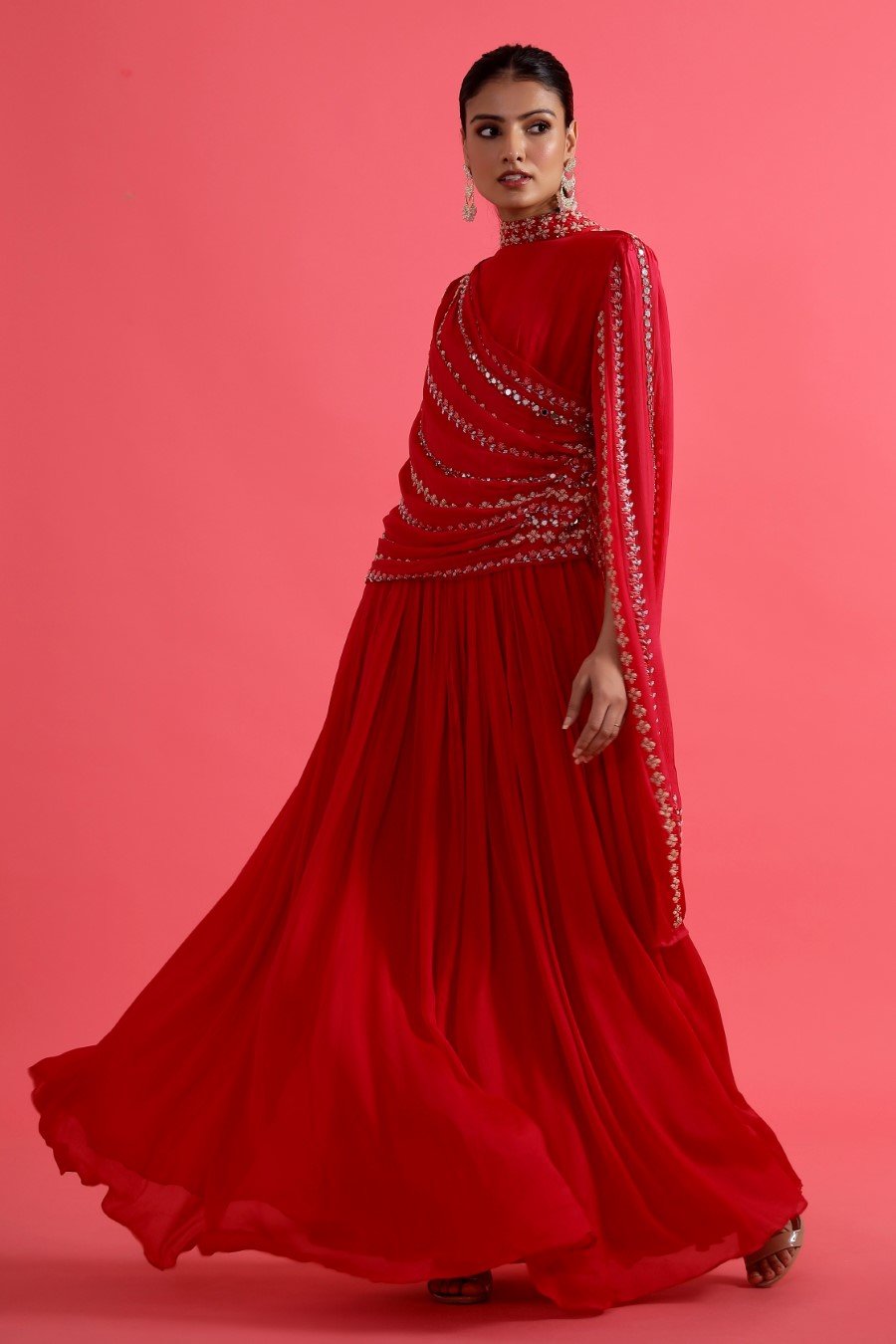 Reddish Pink Embellished & Draped Chinon Silk Gown
