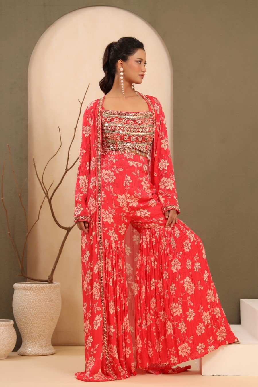 Bright Pink Embellished & Printed Sharara with Cape