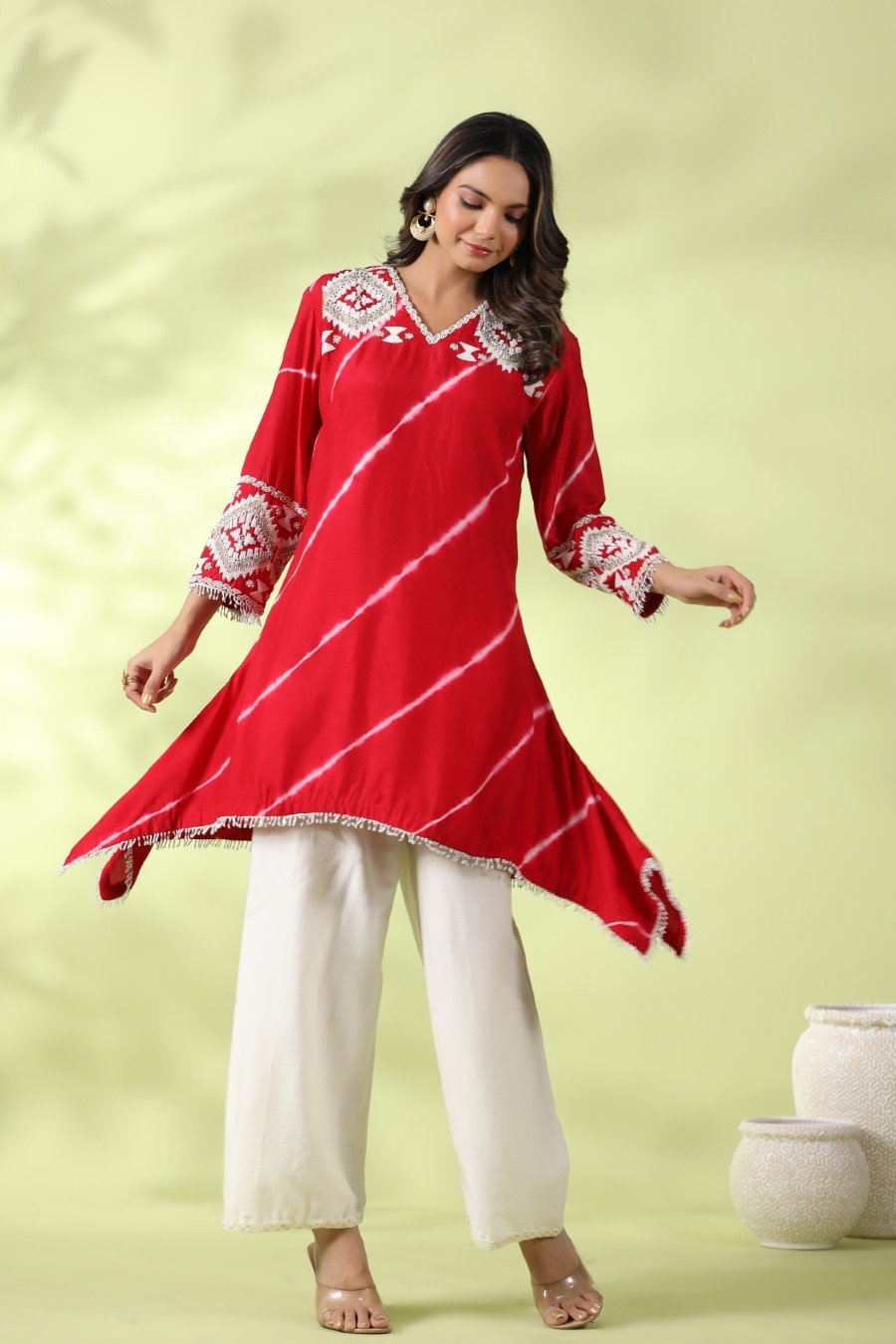 Red Tie-dyed &amp; Embroidered Asymmetrical Kurta with Palazzo