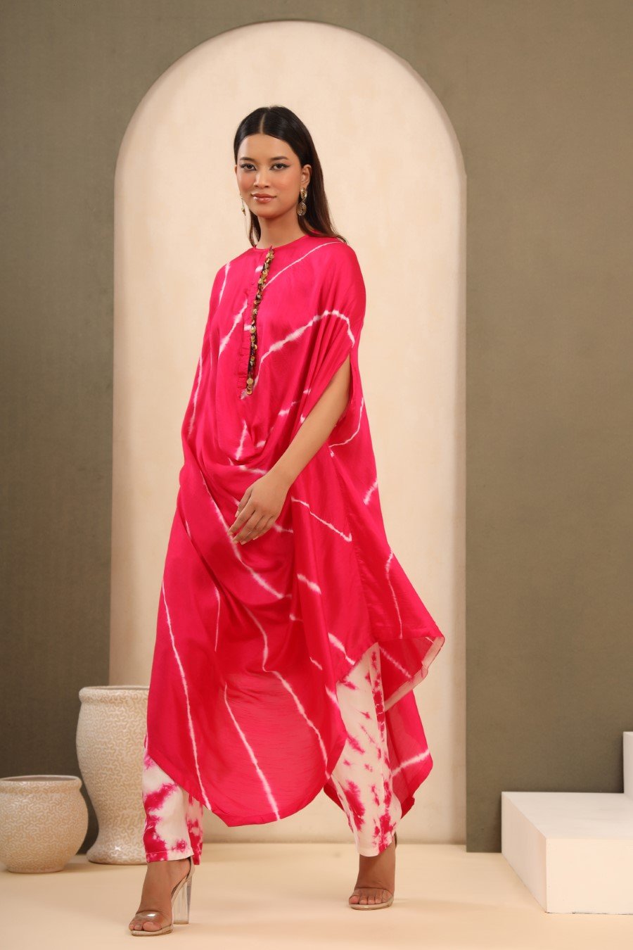 Hot Pink Leheriya Tie-Dyed Kaftan with Pants