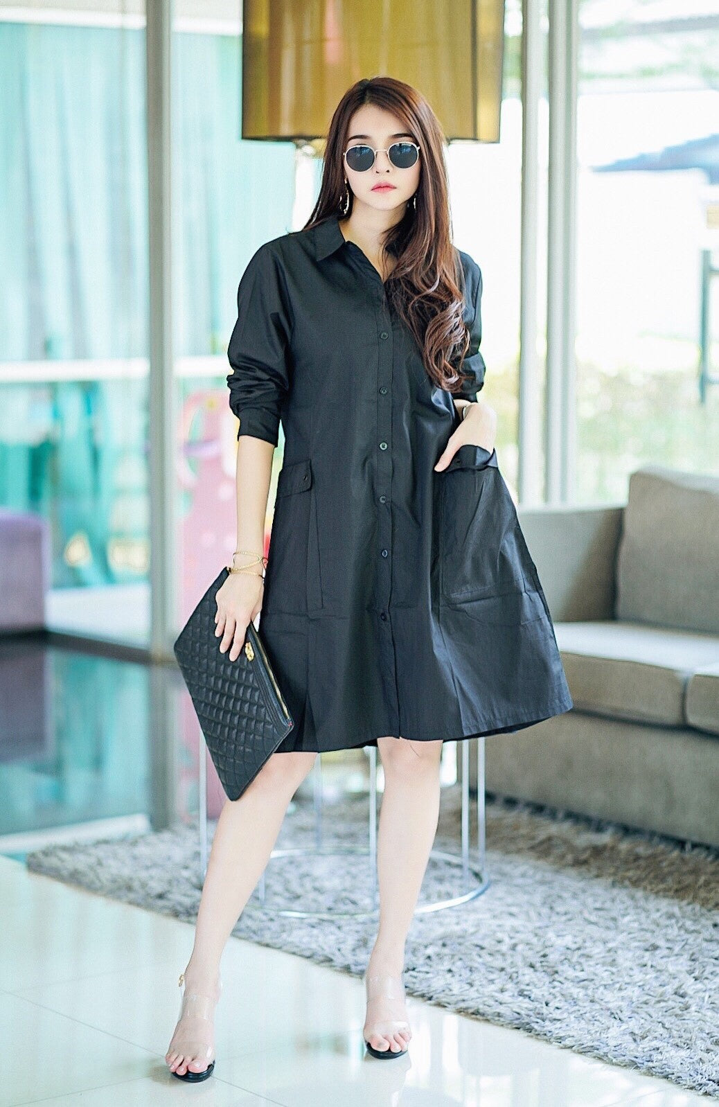 Black Lace-Up Back Cotton Shirt Dress