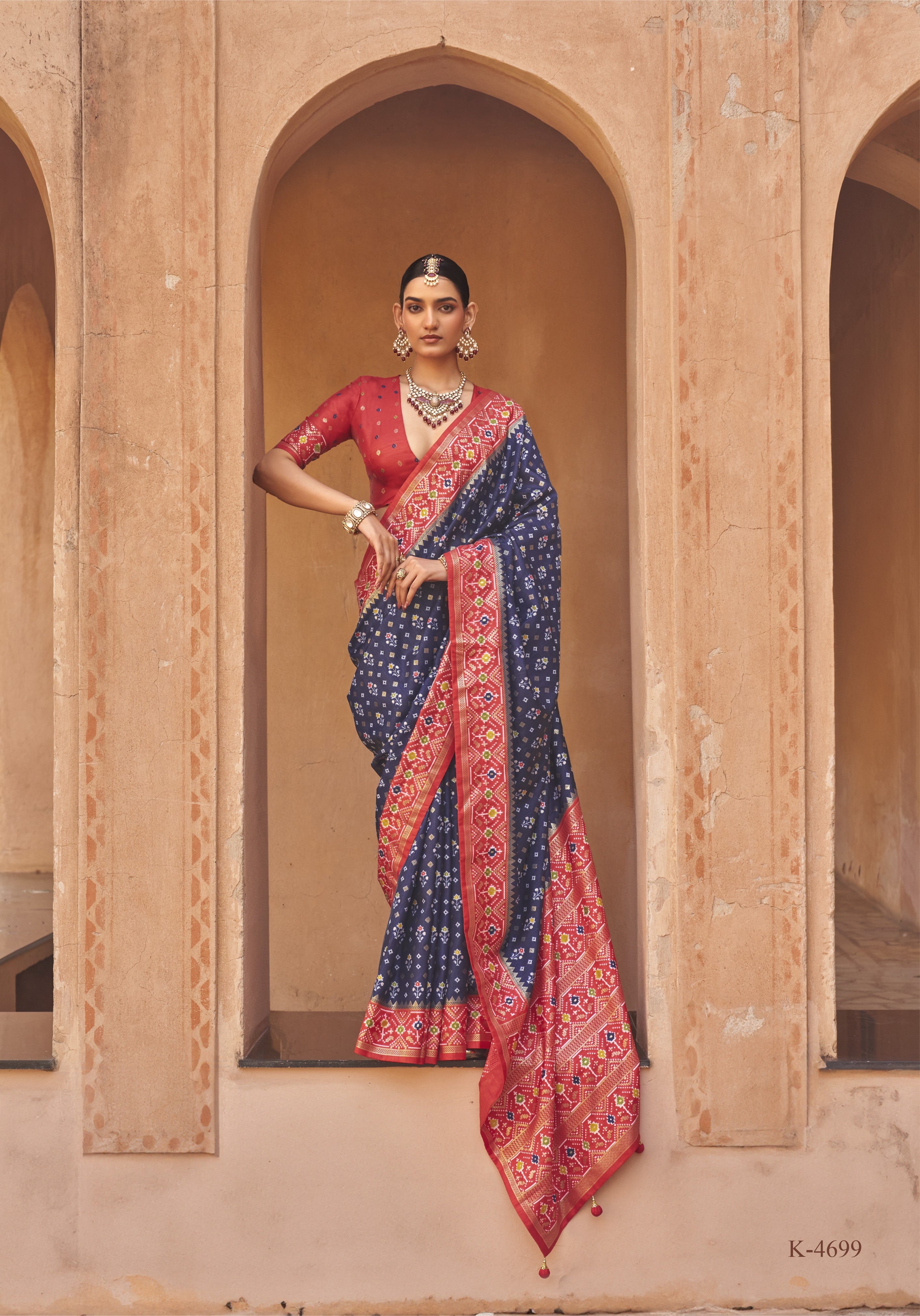 Navy Blue Printed Premium Silk Saree