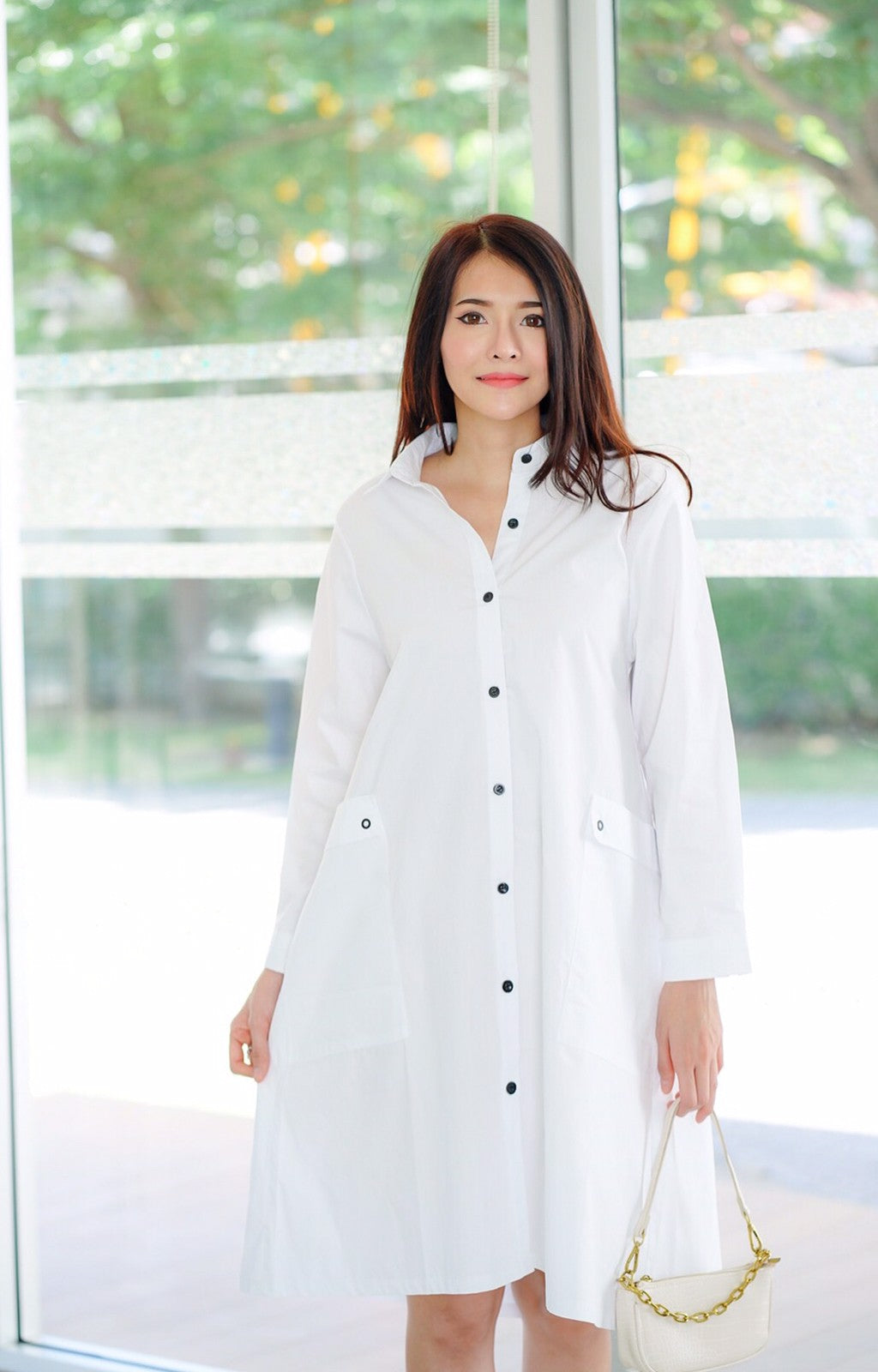 White Lace-Up Back Cotton Shirt Dress
