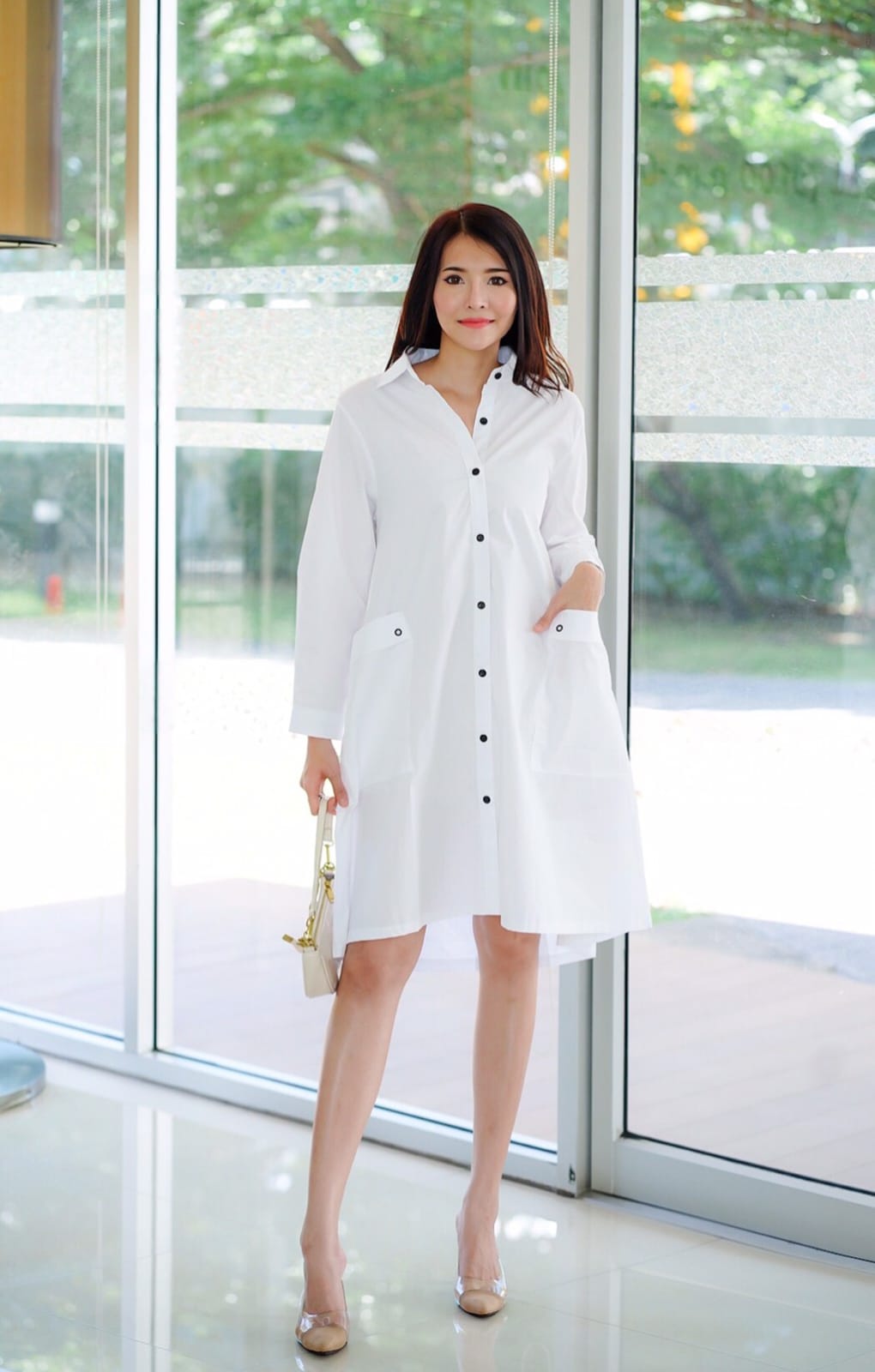 White Lace-Up Back Cotton Shirt Dress