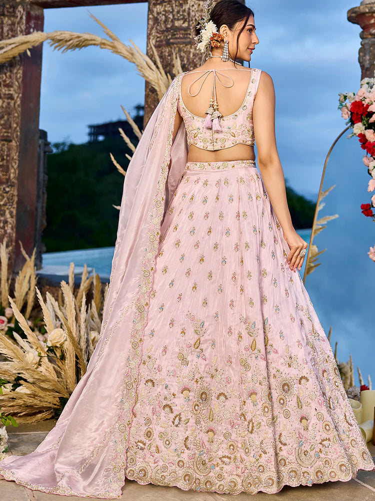 Baby Pink Embellished Tissue Silk Lehenga Set