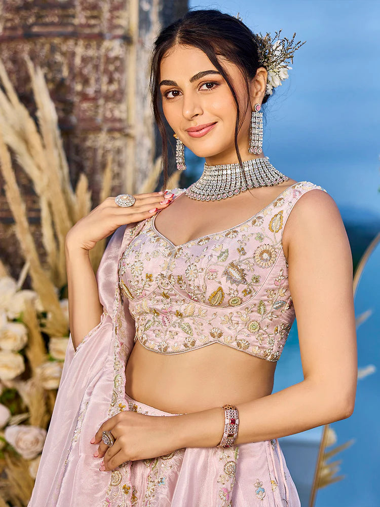 Baby Pink Embellished Tissue Silk Lehenga Set