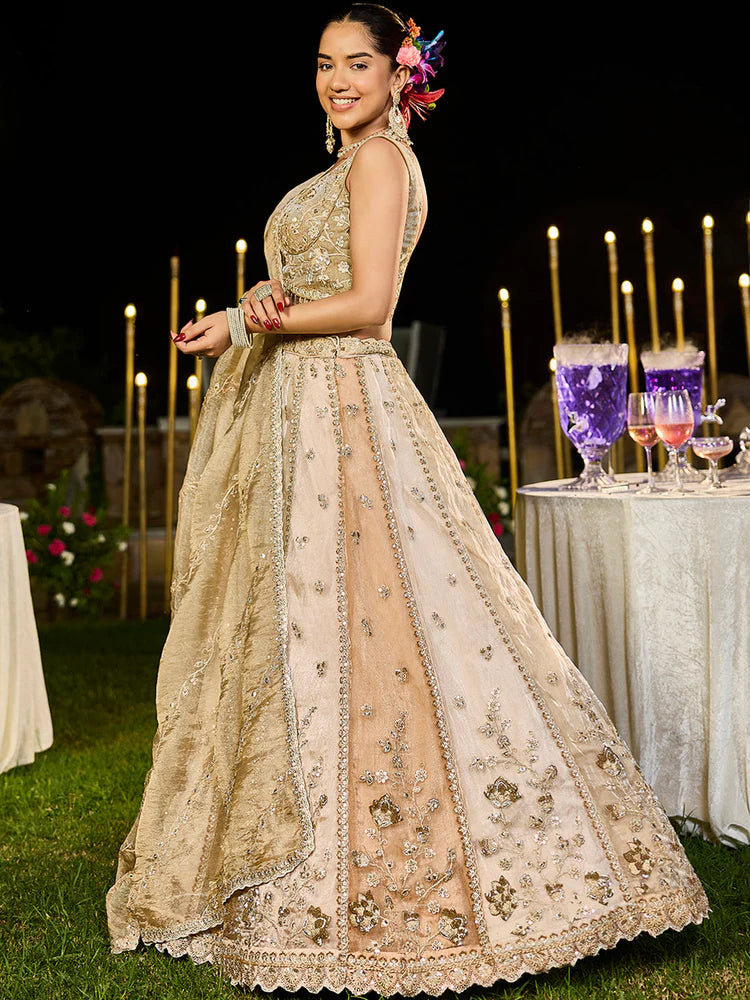 Cream Coffee Embellished Premium Silk Lehenga Set