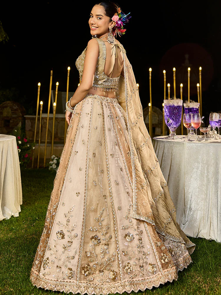 Cream Coffee Embellished Premium Silk Lehenga Set
