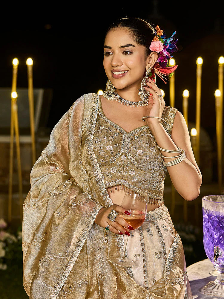 Cream Coffee Embellished Premium Silk Lehenga Set