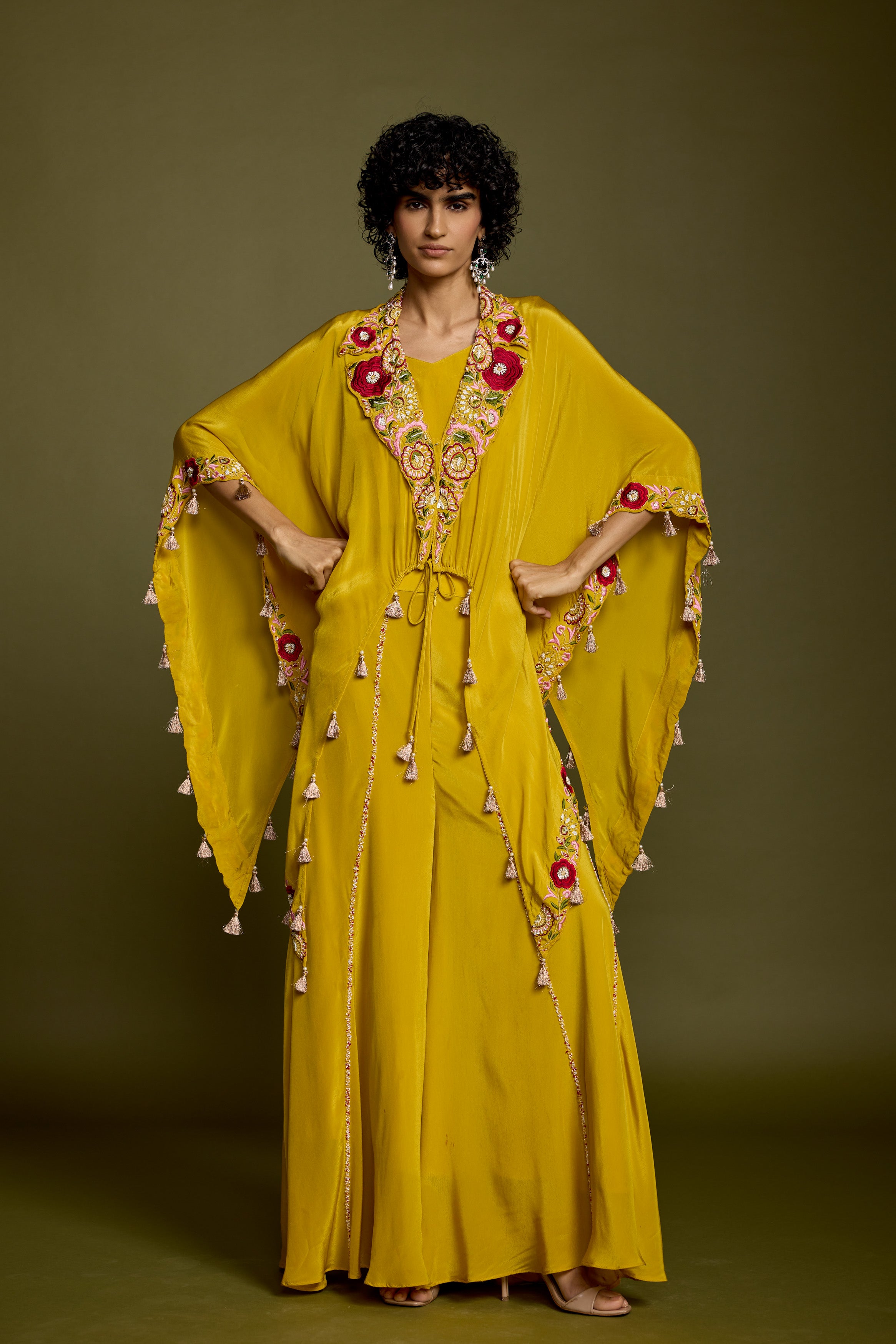 Corn Yellow Embellished Satin Silk Palazzo Set