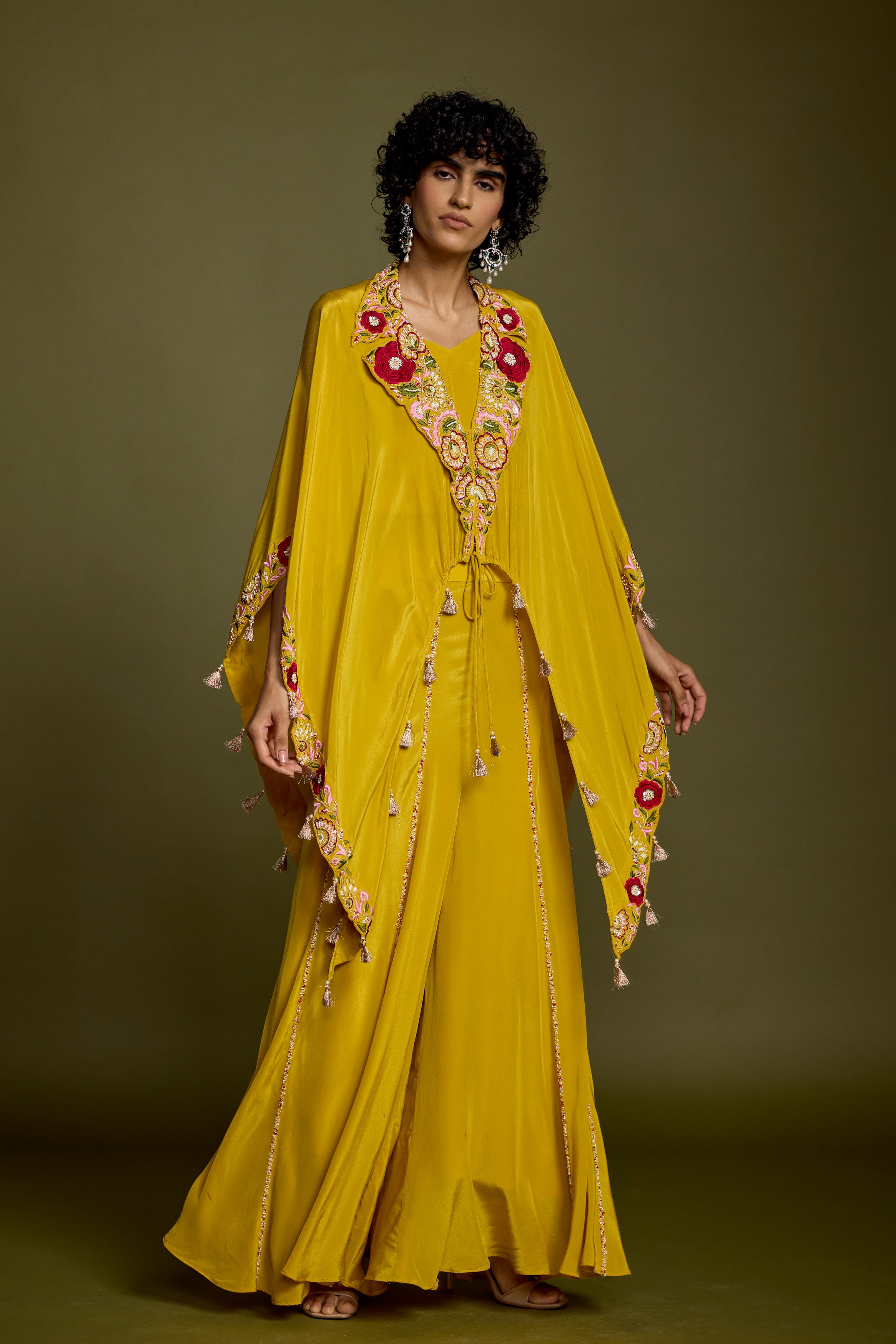 Corn Yellow Embellished Satin Silk Palazzo Set