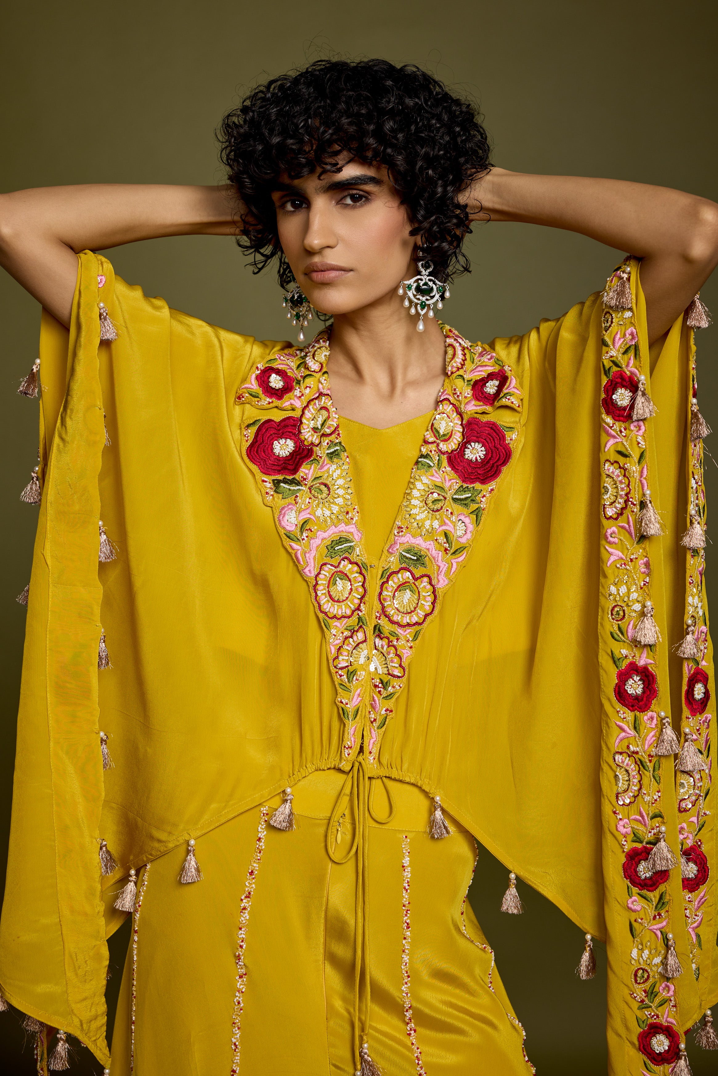 Corn Yellow Embellished Satin Silk Palazzo Set