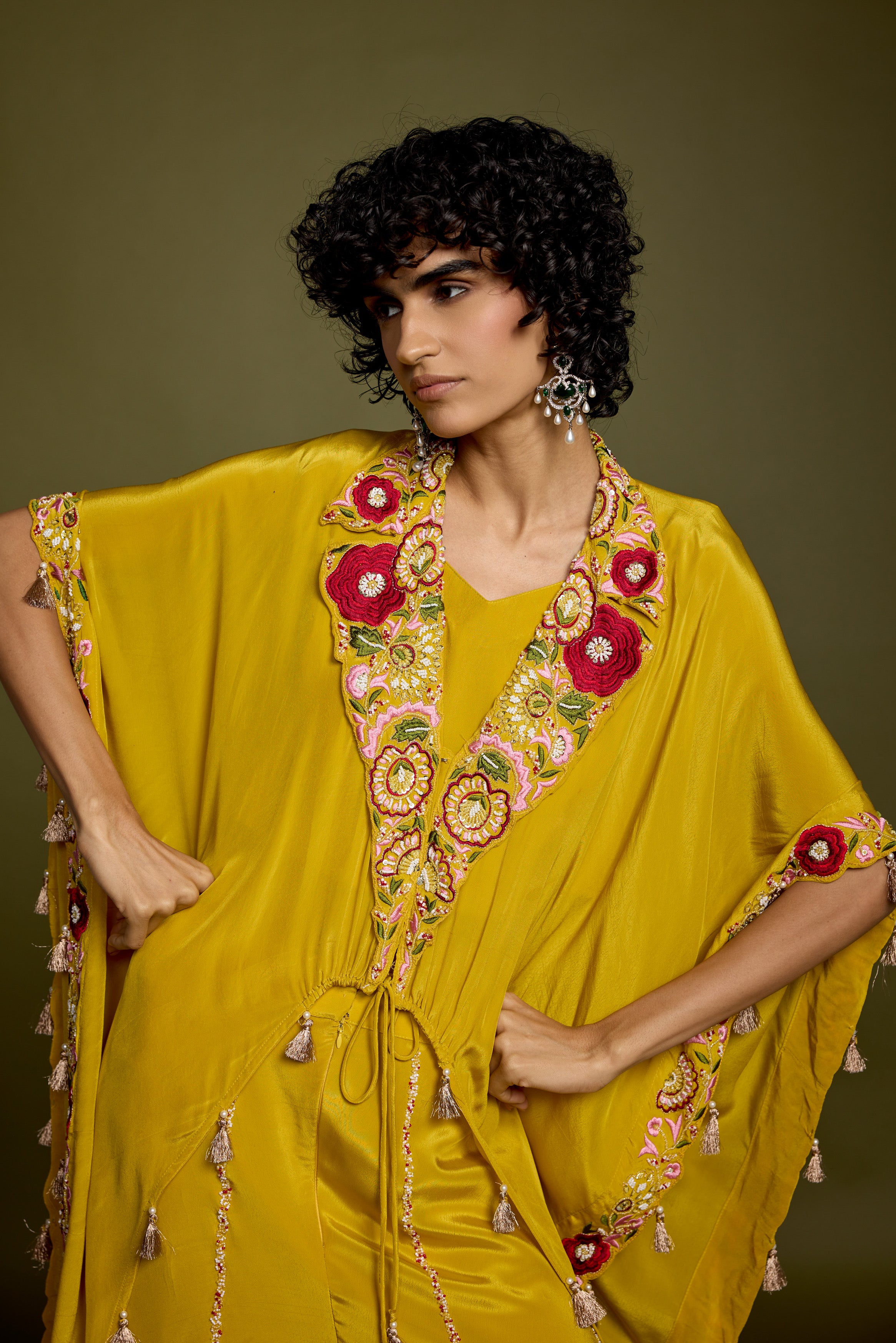 Corn Yellow Embellished Satin Silk Palazzo Set