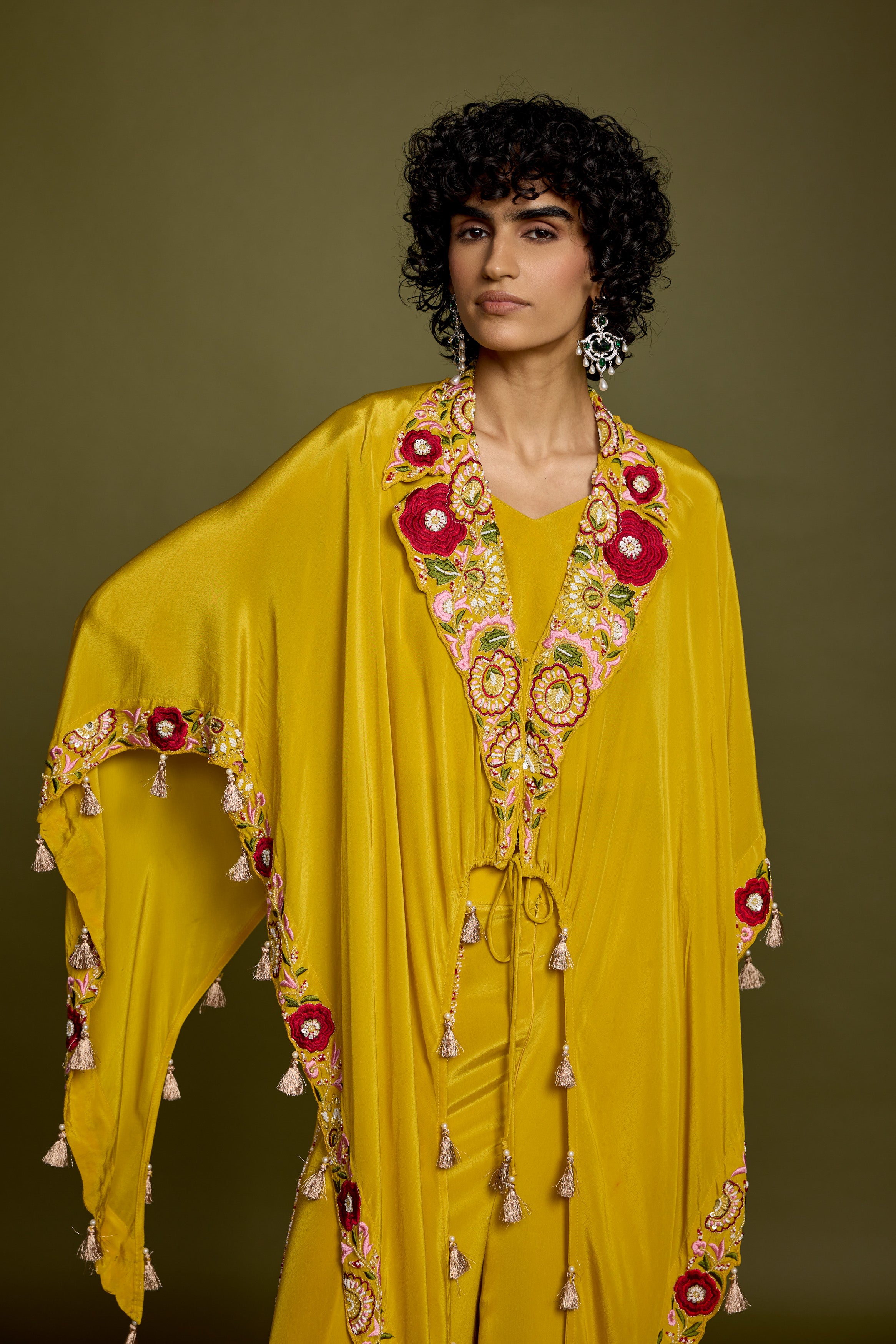 Corn Yellow Embellished Satin Silk Palazzo Set