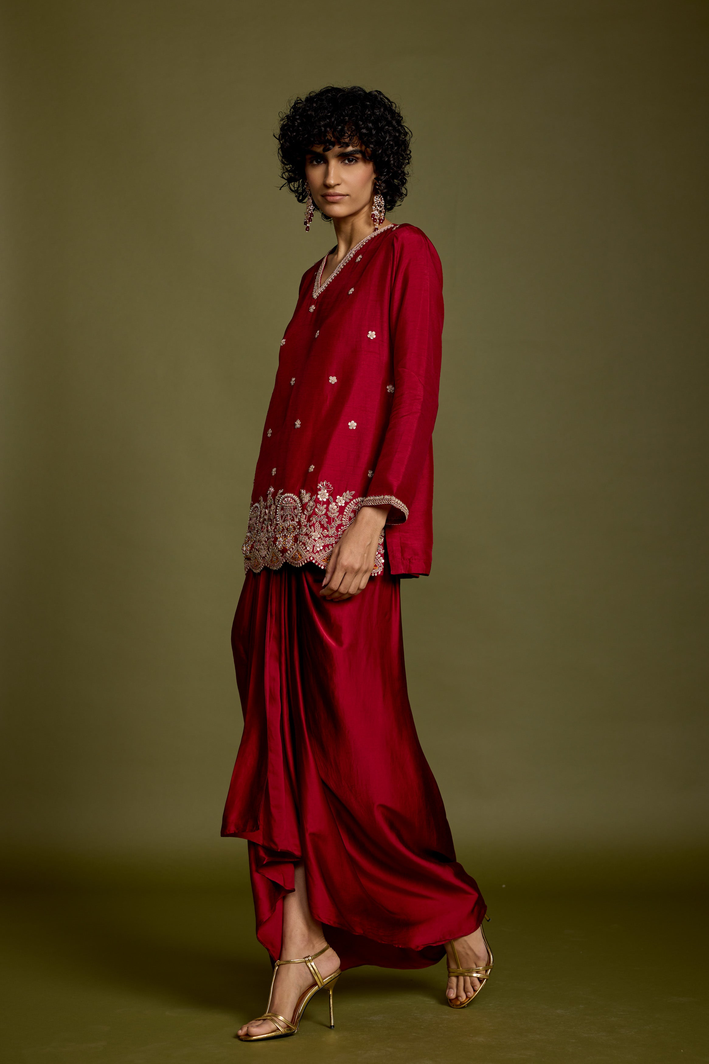 Maroon Red Embellished Georgette Silk Skirt Set