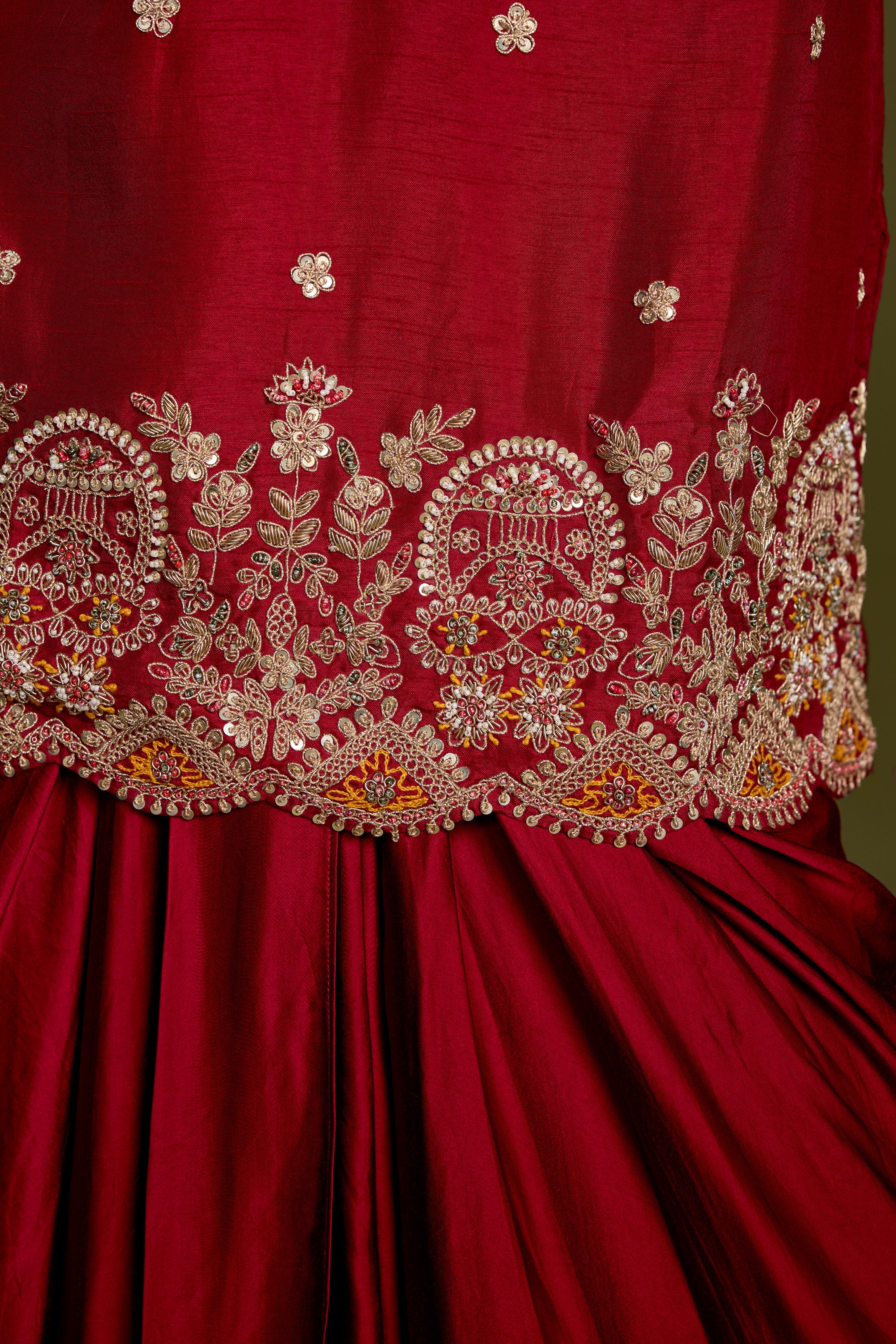 Maroon Red Embellished Georgette Silk Skirt Set