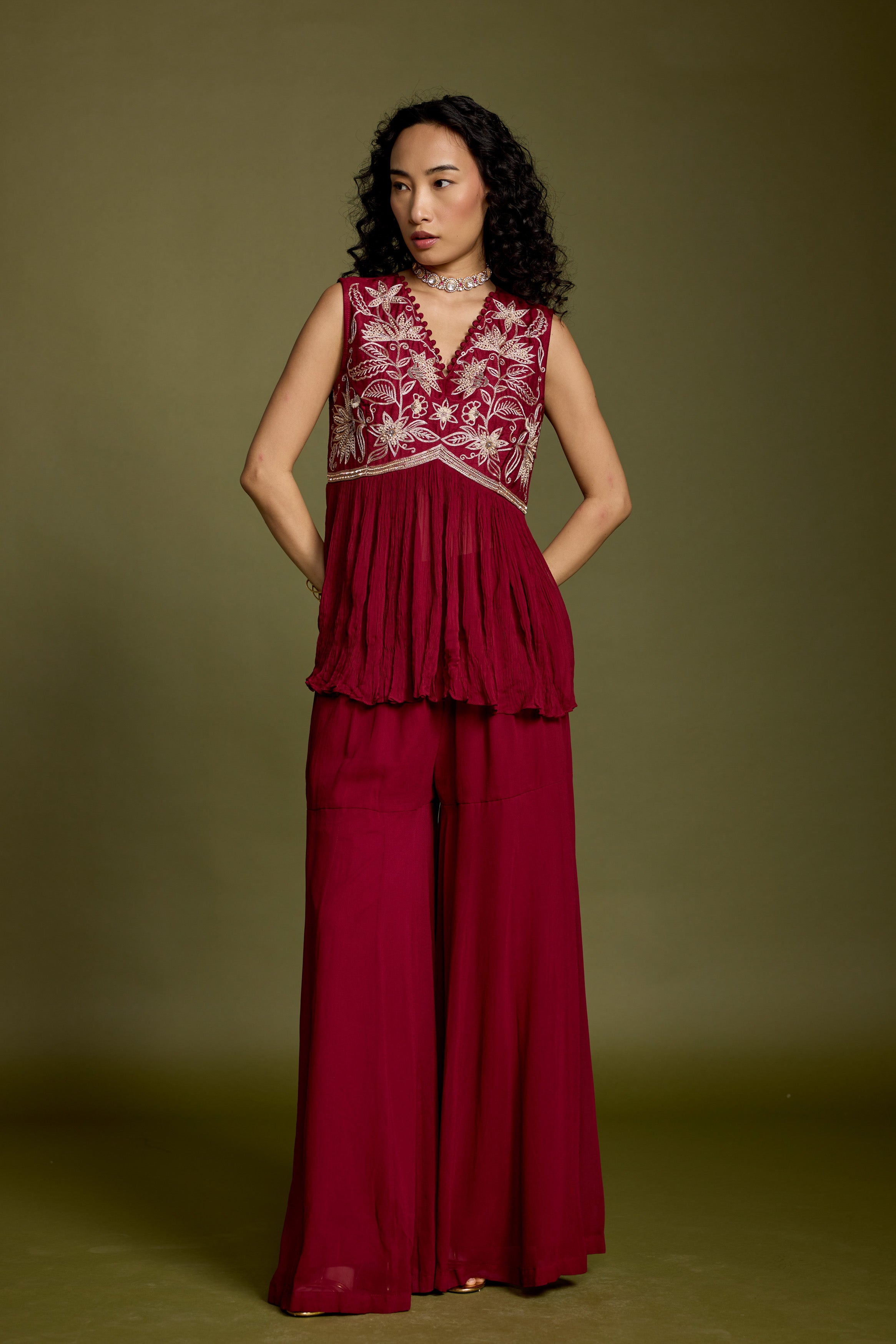 Maroon Red Embellished Georgette Silk Co-Ord Set
