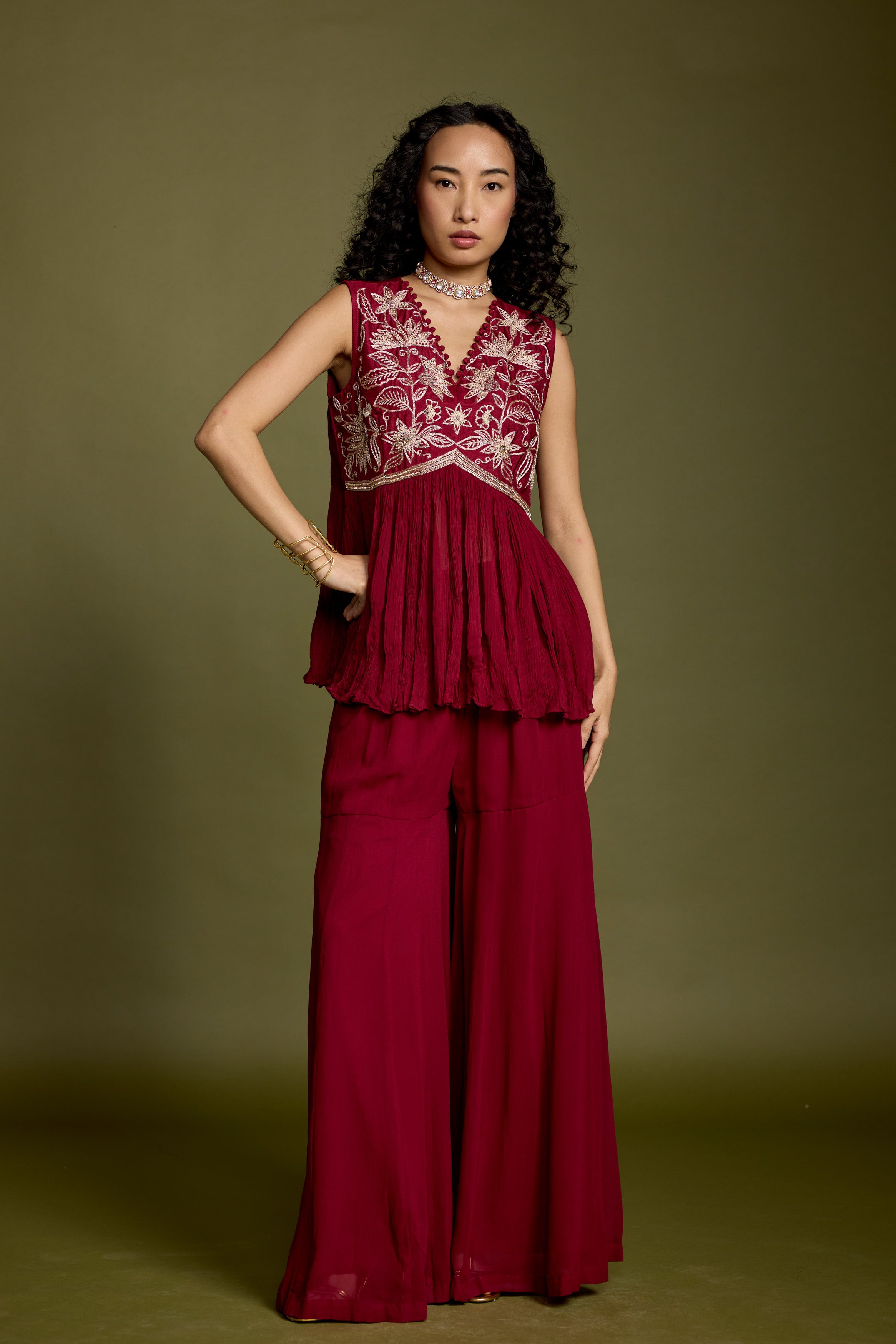 Maroon Red Embellished Georgette Silk Co-Ord Set