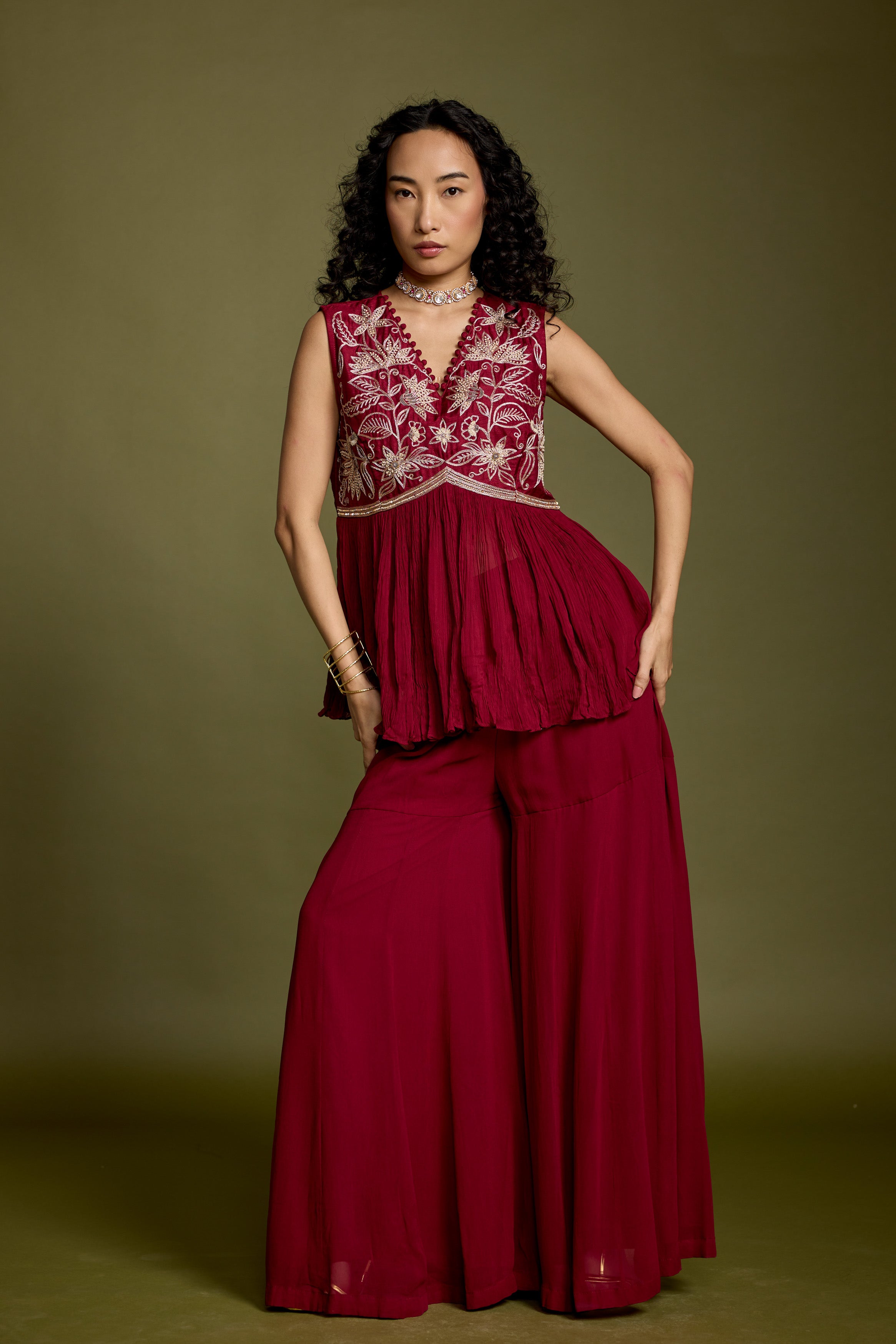 Maroon Red Embellished Georgette Silk Co-Ord Set